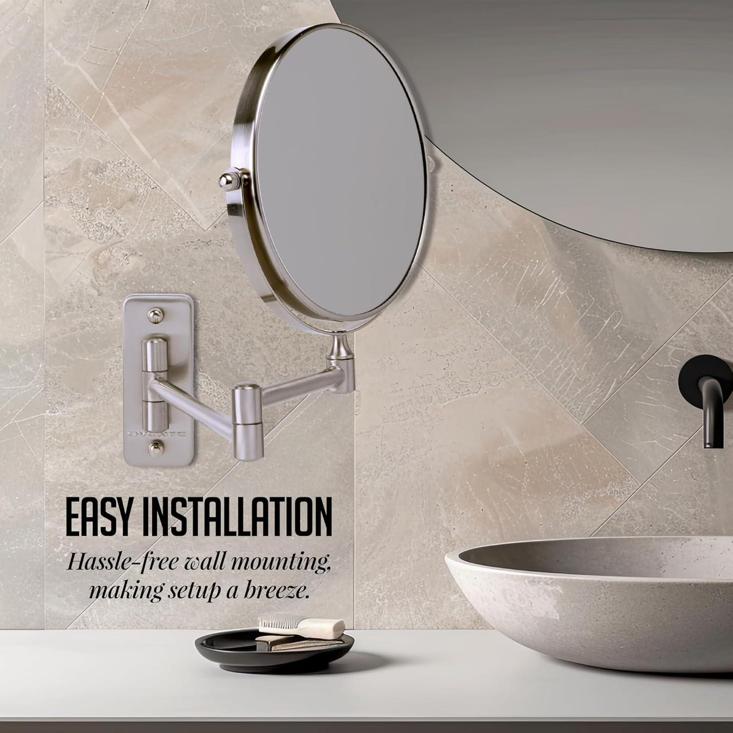 imageOVENTE 9 Wall Mounted Makeup Mirror with 1X7X Magnification Double Sided Magnifying Round Bathroom Vanity Mirror 360 Swivel Design Extendable and Folding Arm Polished Chrome MNLFW90CH1X7XNickel Brushed