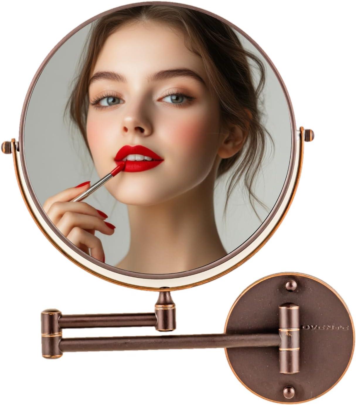 imageOVENTE 9 Wall Mounted Makeup Mirror with 1X7X Magnification Double Sided Magnifying Round Bathroom Vanity Mirror 360 Swivel Design Extendable and Folding Arm Polished Chrome MNLFW90CH1X7XAntique Bronze