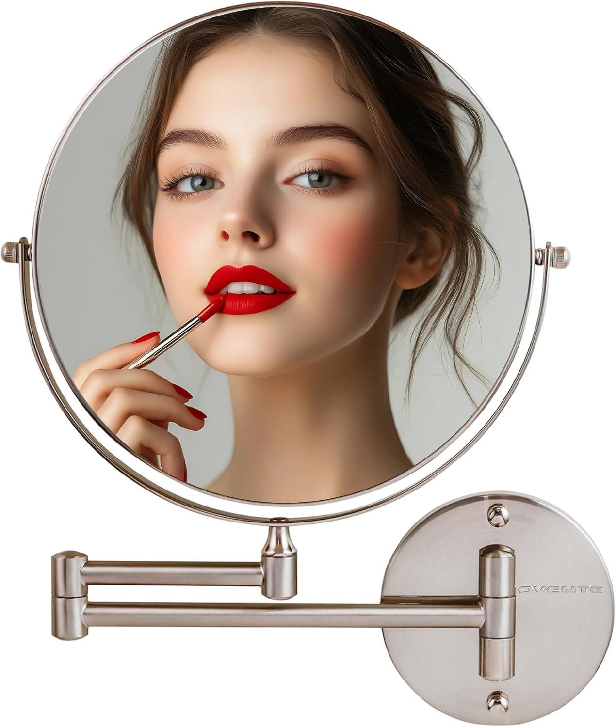 imageOVENTE 9 Wall Mounted Makeup Mirror with 1X7X Magnification Double Sided Magnifying Round Bathroom Vanity Mirror 360 Swivel Design Extendable and Folding Arm Polished Chrome MNLFW90CH1X7XNickel Brushed