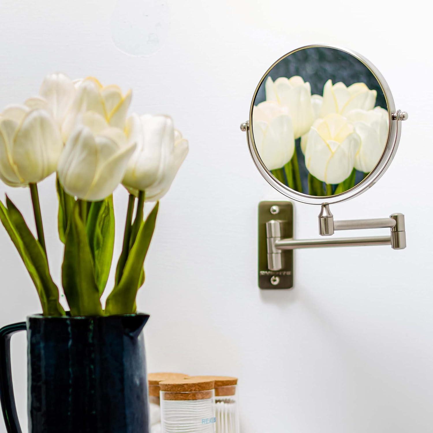 imageOVENTE 9 Wall Mounted Makeup Mirror with 1X7X Magnification Double Sided Magnifying Round Bathroom Vanity Mirror 360 Swivel Design Extendable and Folding Arm Polished Chrome MNLFW90CH1X7XNickel Brushed