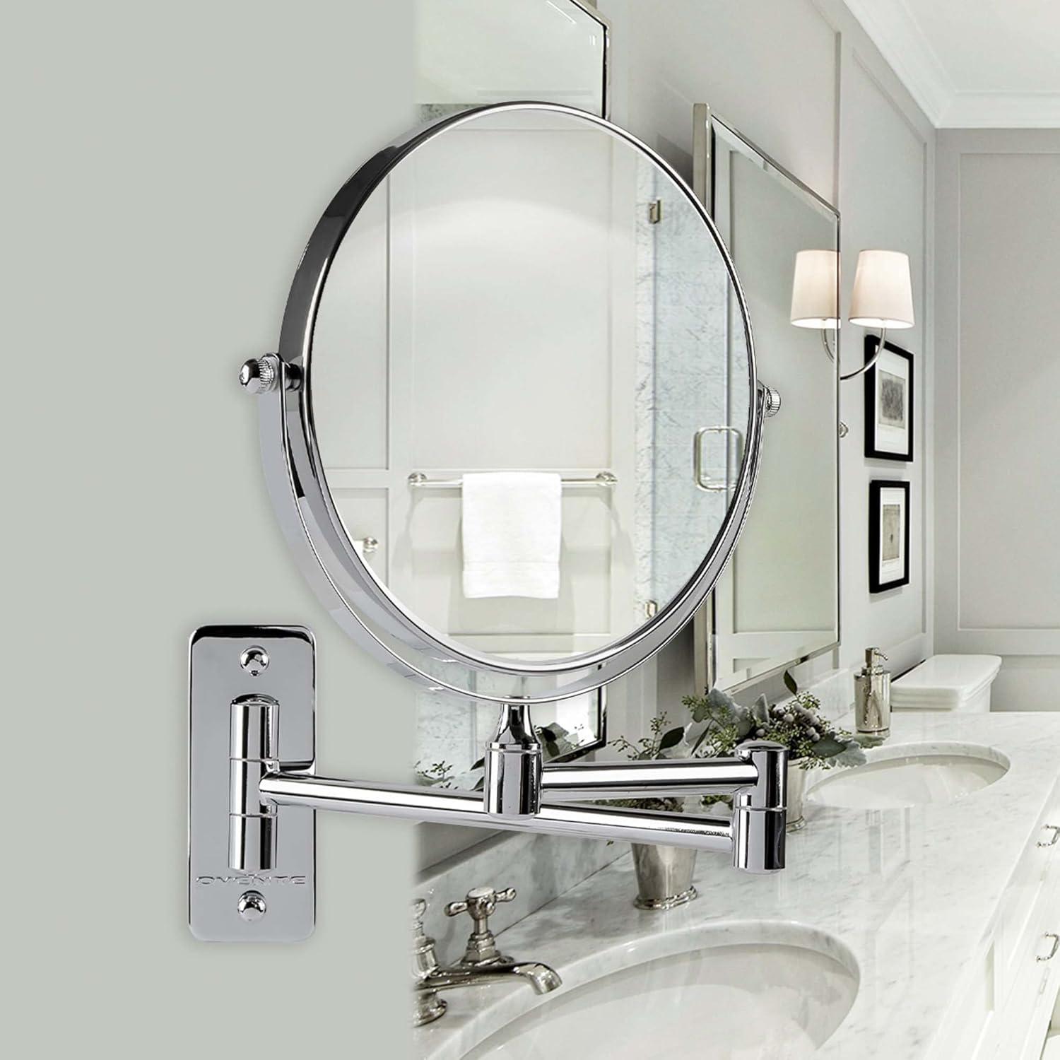 imageOVENTE 9 Wall Mounted Makeup Mirror with 1X7X Magnification Double Sided Magnifying Round Bathroom Vanity Mirror 360 Swivel Design Extendable and Folding Arm Polished Chrome MNLFW90CH1X7XPolished Chrome