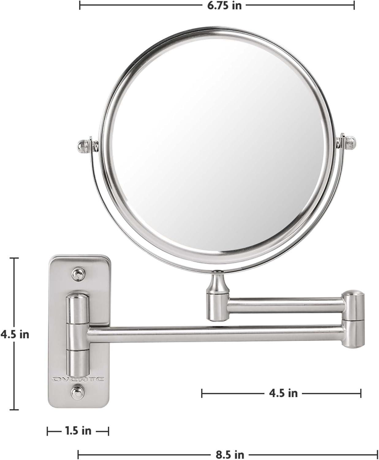 imageOVENTE 9 Wall Mounted Makeup Mirror with 1X7X Magnification Double Sided Magnifying Round Bathroom Vanity Mirror 360 Swivel Design Extendable and Folding Arm Polished Chrome MNLFW90CH1X7XNickel Brushed