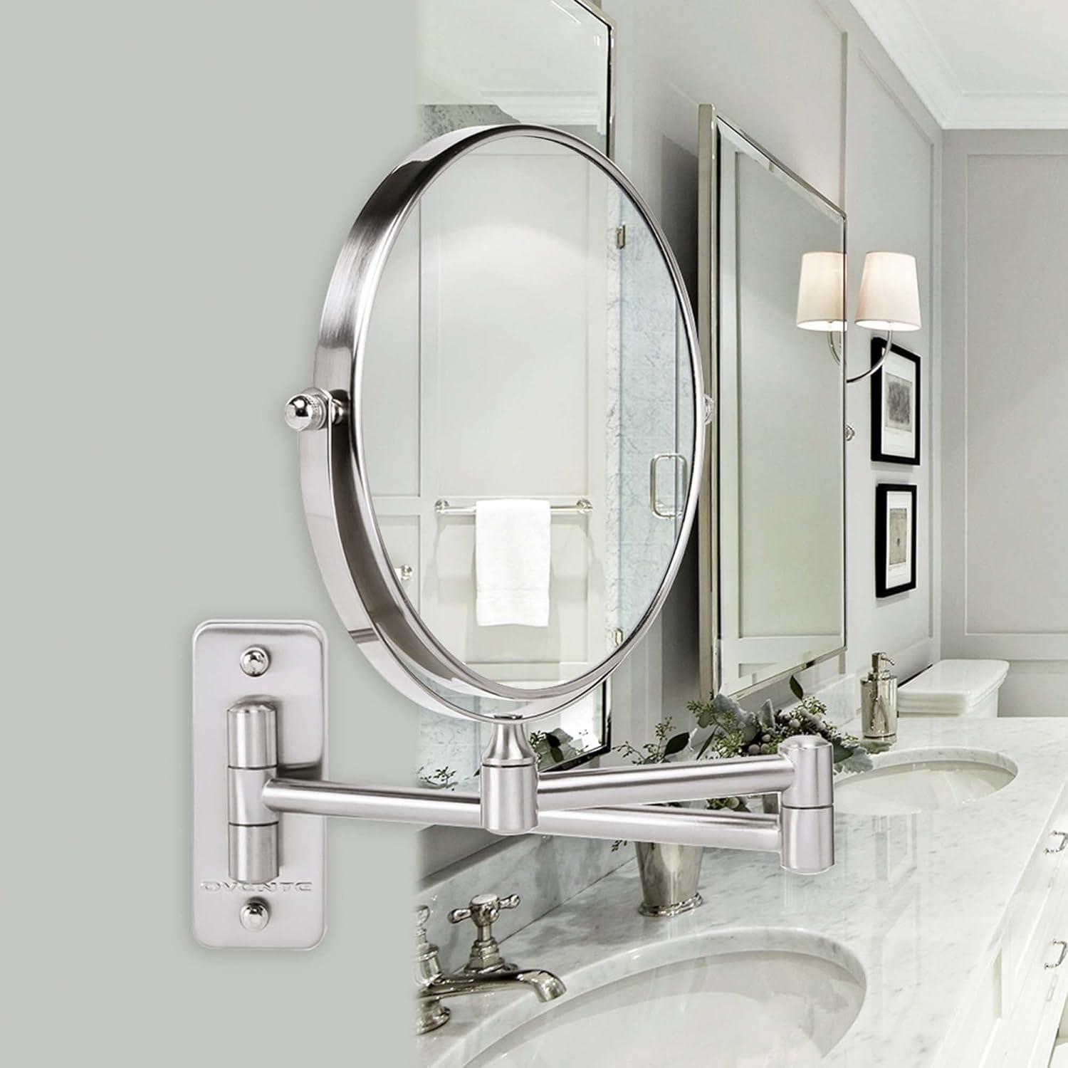 imageOVENTE 9 Wall Mounted Makeup Mirror with 1X7X Magnification Double Sided Magnifying Round Bathroom Vanity Mirror 360 Swivel Design Extendable and Folding Arm Polished Chrome MNLFW90CH1X7XNickel Brushed