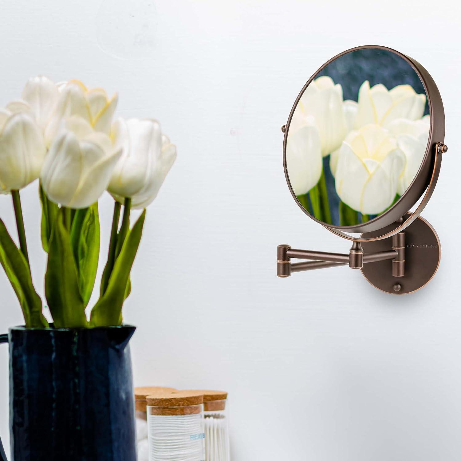 imageOVENTE 9 Wall Mounted Makeup Mirror with 1X7X Magnification Double Sided Magnifying Round Bathroom Vanity Mirror 360 Swivel Design Extendable and Folding Arm Polished Chrome MNLFW90CH1X7XAntique Bronze