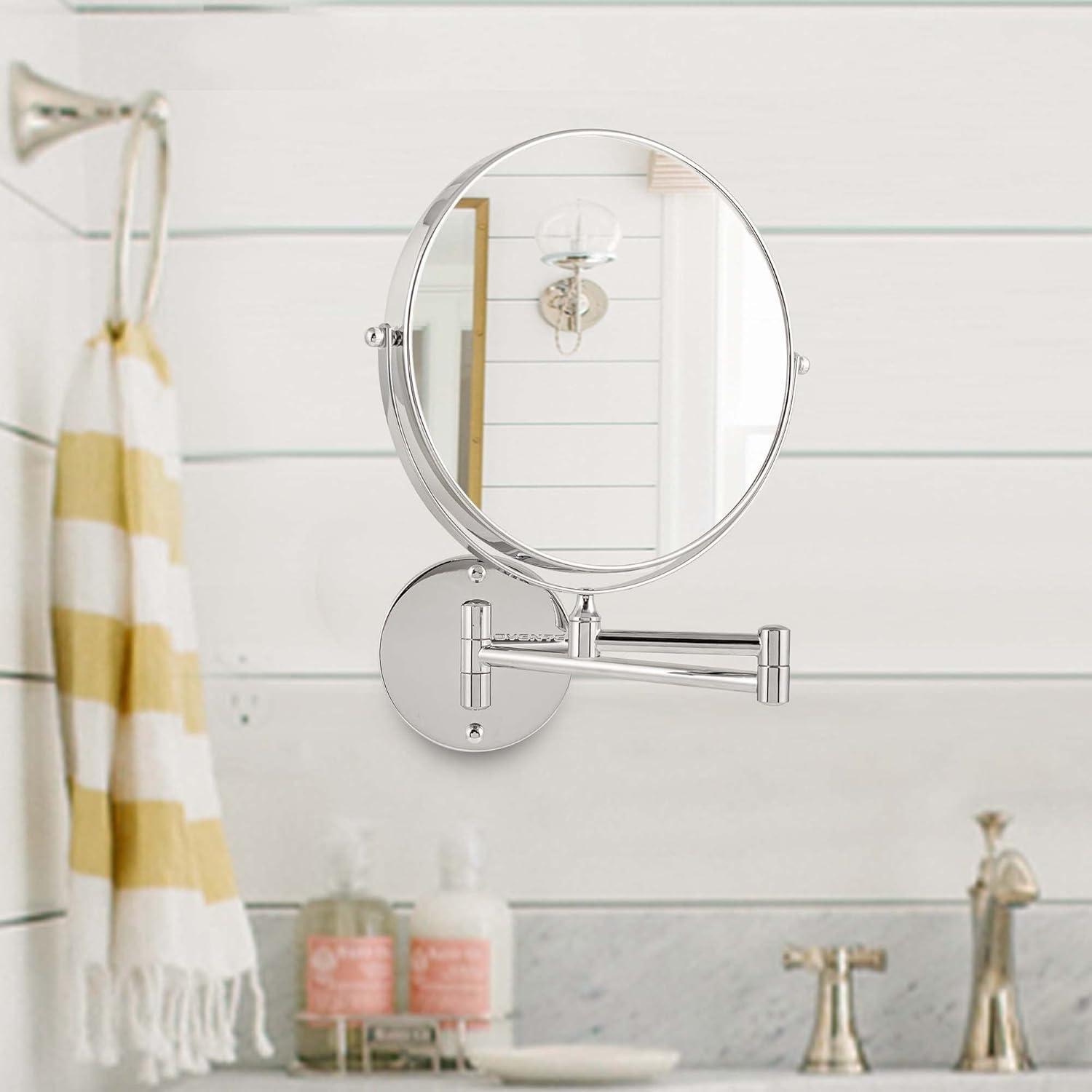 imageOVENTE 9 Wall Mounted Makeup Mirror with 1X7X Magnification Double Sided Magnifying Round Bathroom Vanity Mirror 360 Swivel Design Extendable and Folding Arm Polished Chrome MNLFW90CH1X7XPolished Chrome