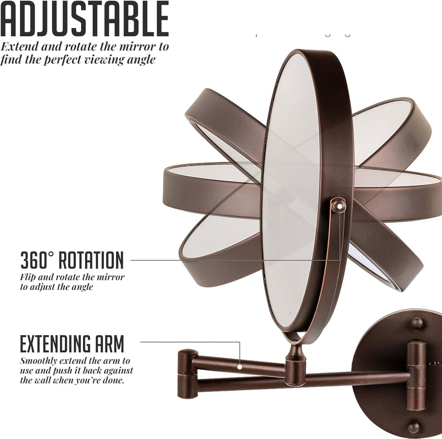 imageOVENTE 9 Wall Mounted Makeup Mirror with 1X7X Magnification Double Sided Magnifying Round Bathroom Vanity Mirror 360 Swivel Design Extendable and Folding Arm Polished Chrome MNLFW90CH1X7XAntique Bronze