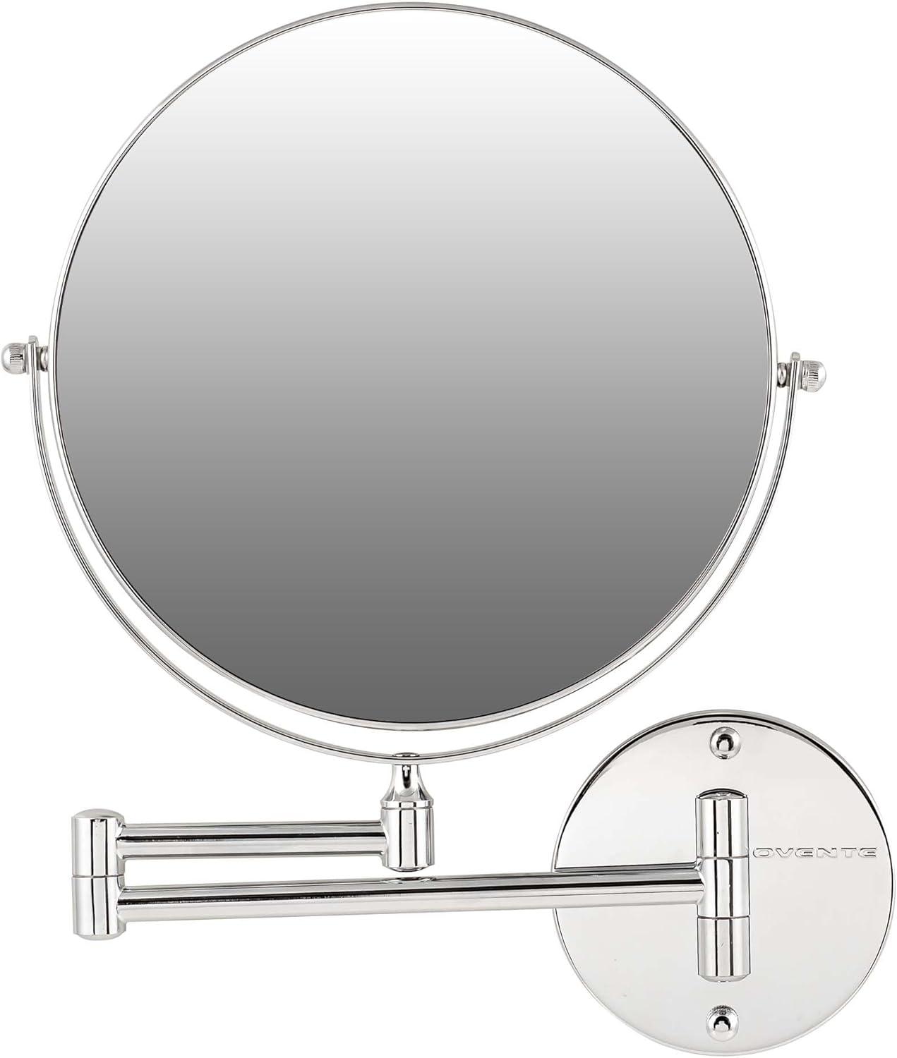 imageOVENTE 9 Wall Mounted Makeup Mirror with 1X7X Magnification Double Sided Magnifying Round Bathroom Vanity Mirror 360 Swivel Design Extendable and Folding Arm Polished Chrome MNLFW90CH1X7XPolished Chrome