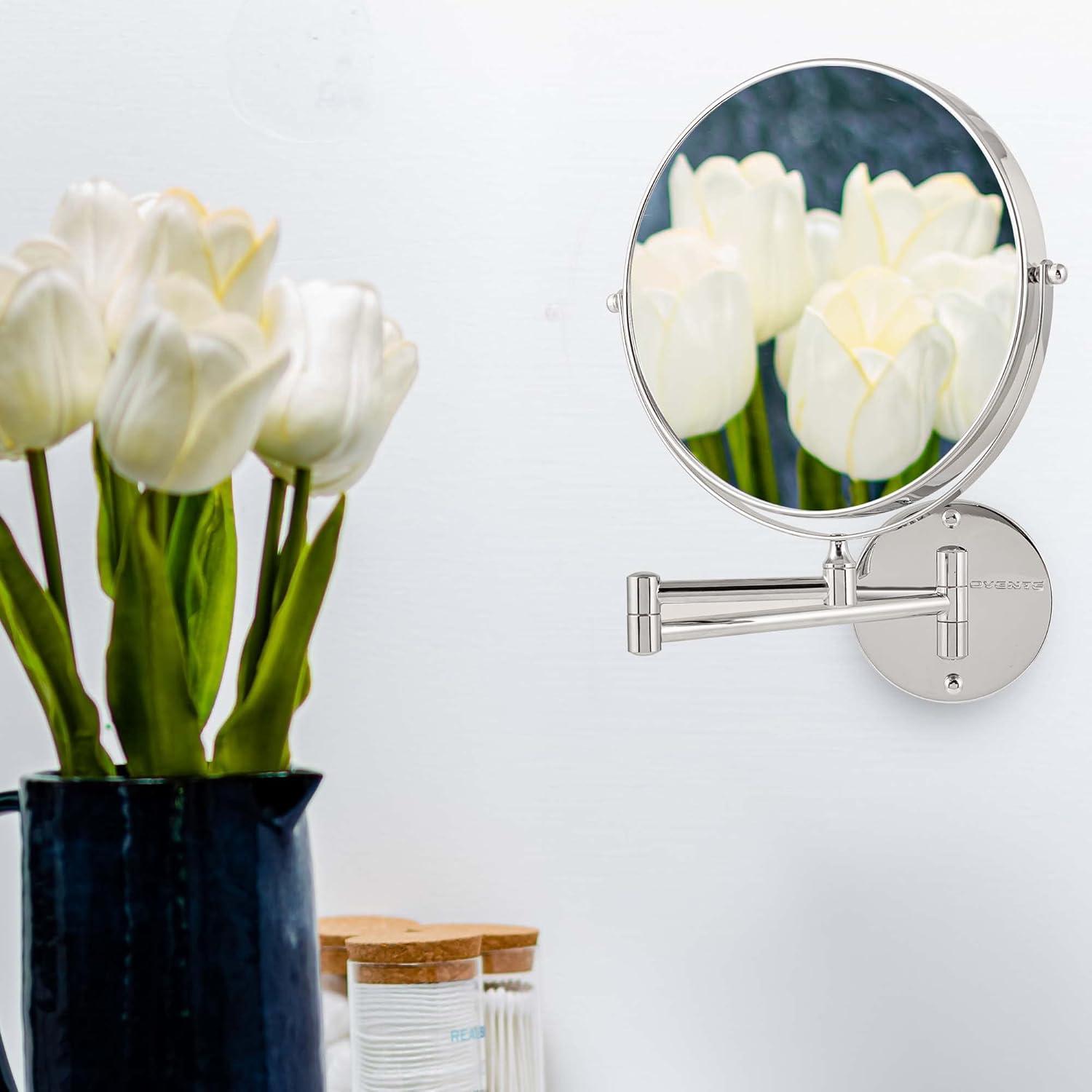 imageOVENTE 9 Wall Mounted Makeup Mirror with 1X7X Magnification Double Sided Magnifying Round Bathroom Vanity Mirror 360 Swivel Design Extendable and Folding Arm Polished Chrome MNLFW90CH1X7XPolished Chrome