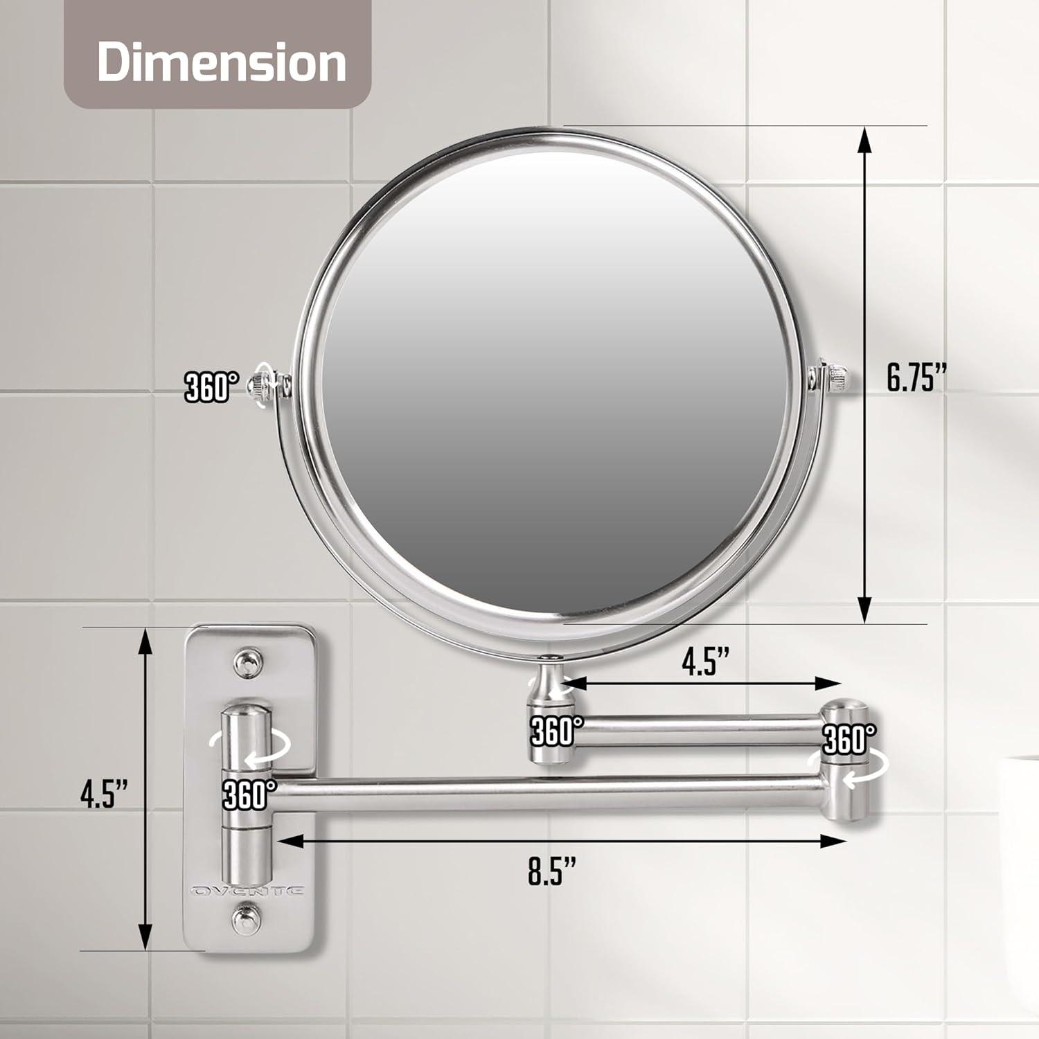 imageOVENTE 9 Wall Mounted Makeup Mirror with 1X7X Magnification Double Sided Magnifying Round Bathroom Vanity Mirror 360 Swivel Design Extendable and Folding Arm Polished Chrome MNLFW90CH1X7XNickel Brushed