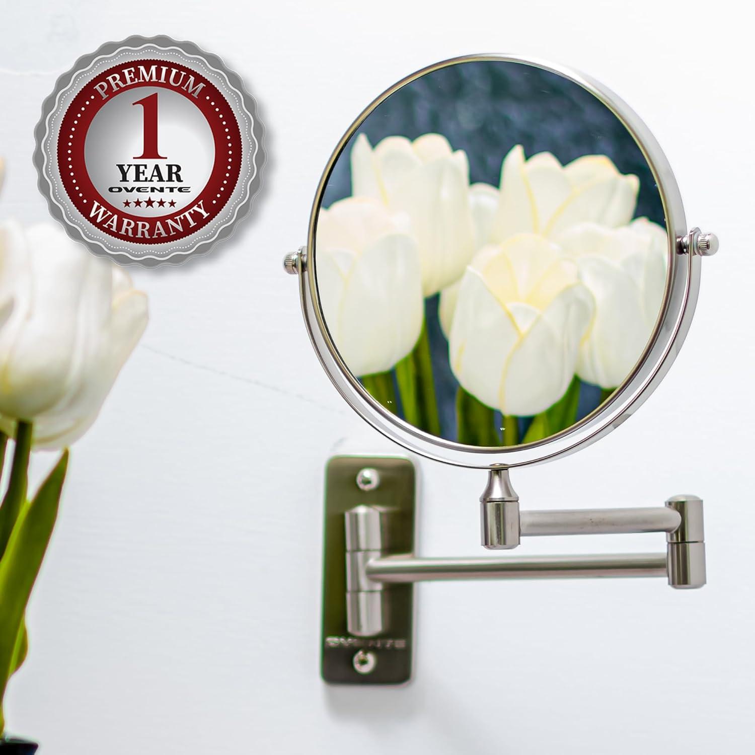 imageOVENTE 9 Wall Mounted Makeup Mirror with 1X7X Magnification Double Sided Magnifying Round Bathroom Vanity Mirror 360 Swivel Design Extendable and Folding Arm Polished Chrome MNLFW90CH1X7XNickel Brushed
