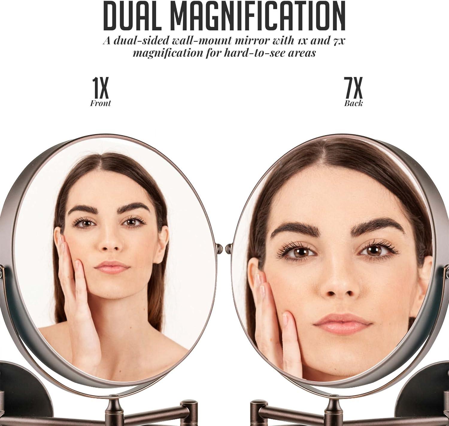 imageOVENTE 9 Wall Mounted Makeup Mirror with 1X7X Magnification Double Sided Magnifying Round Bathroom Vanity Mirror 360 Swivel Design Extendable and Folding Arm Polished Chrome MNLFW90CH1X7XAntique Bronze