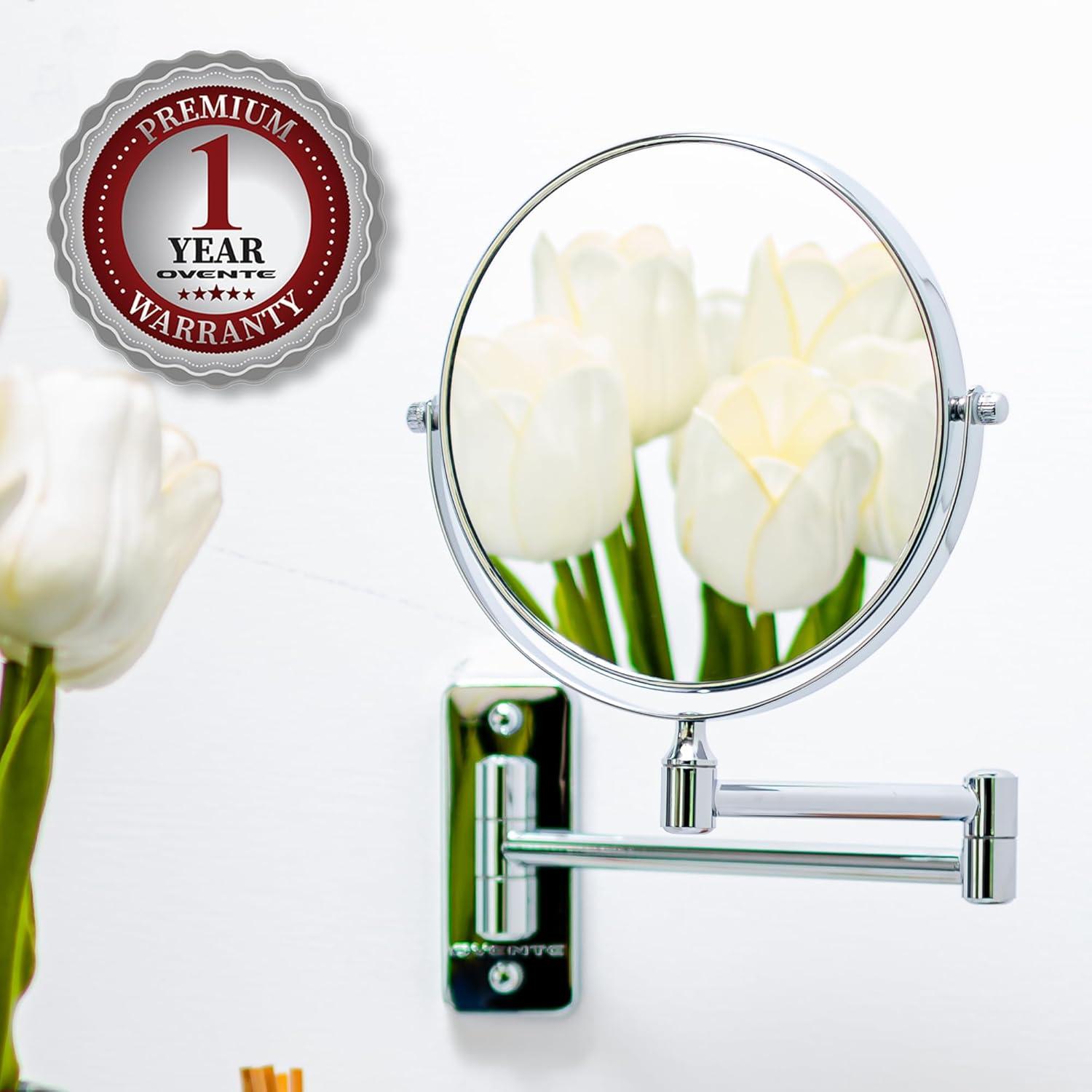imageOVENTE 9 Wall Mounted Makeup Mirror with 1X7X Magnification Double Sided Magnifying Round Bathroom Vanity Mirror 360 Swivel Design Extendable and Folding Arm Polished Chrome MNLFW90CH1X7XPolished Chrome