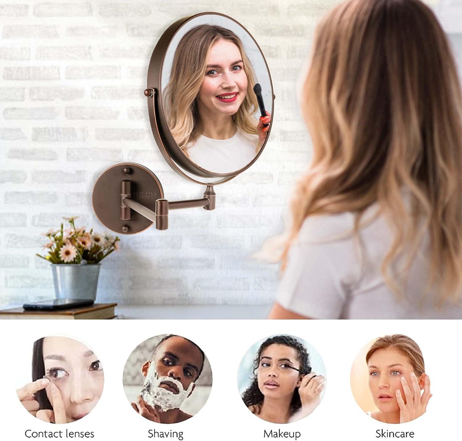 imageOVENTE 9 Wall Mounted Makeup Mirror with 1X7X Magnification Double Sided Magnifying Round Bathroom Vanity Mirror 360 Swivel Design Extendable and Folding Arm Polished Chrome MNLFW90CH1X7XAntique Bronze