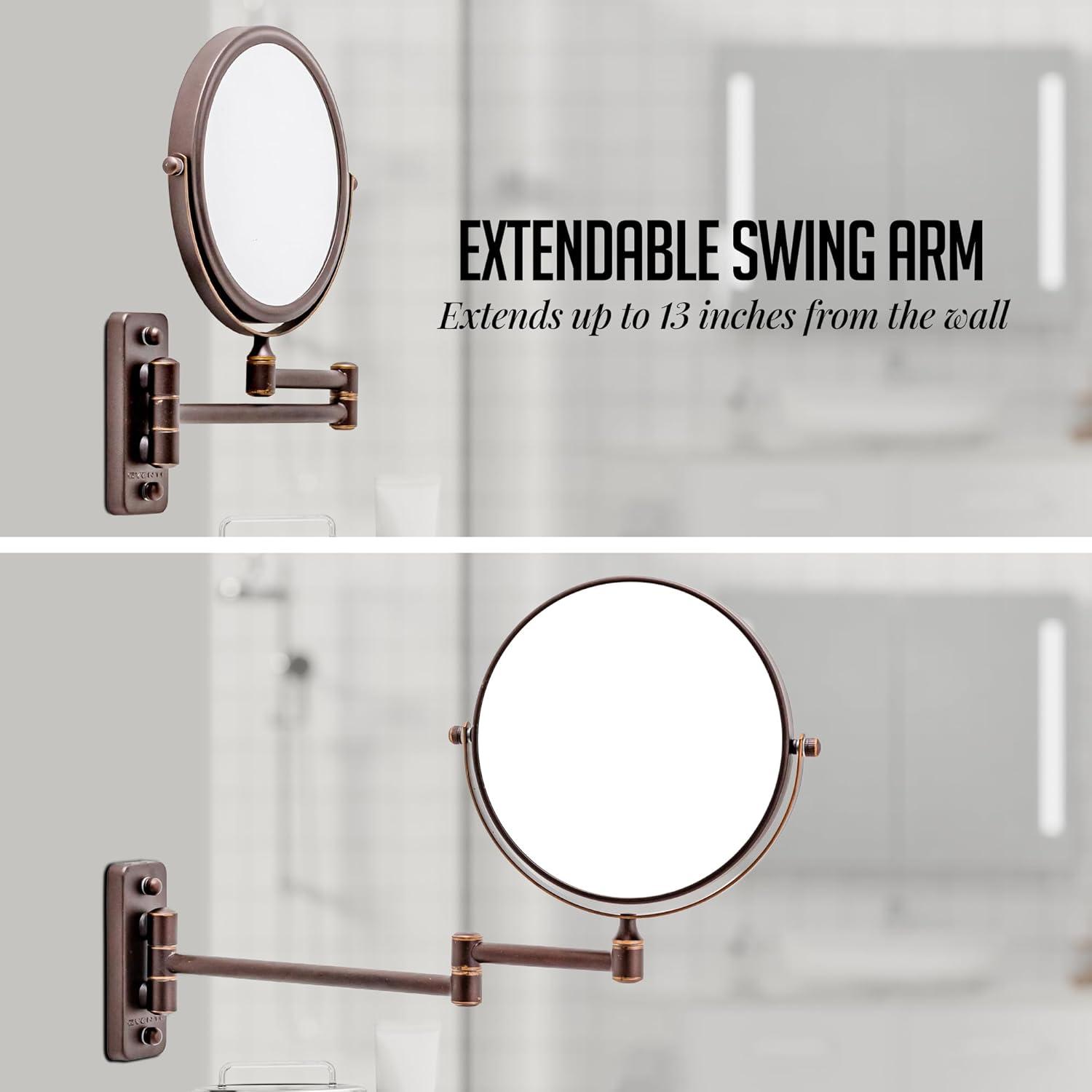 imageOVENTE 9 Wall Mounted Makeup Mirror with 1X7X Magnification Double Sided Magnifying Round Bathroom Vanity Mirror 360 Swivel Design Extendable and Folding Arm Polished Chrome MNLFW90CH1X7XAntique Bronze