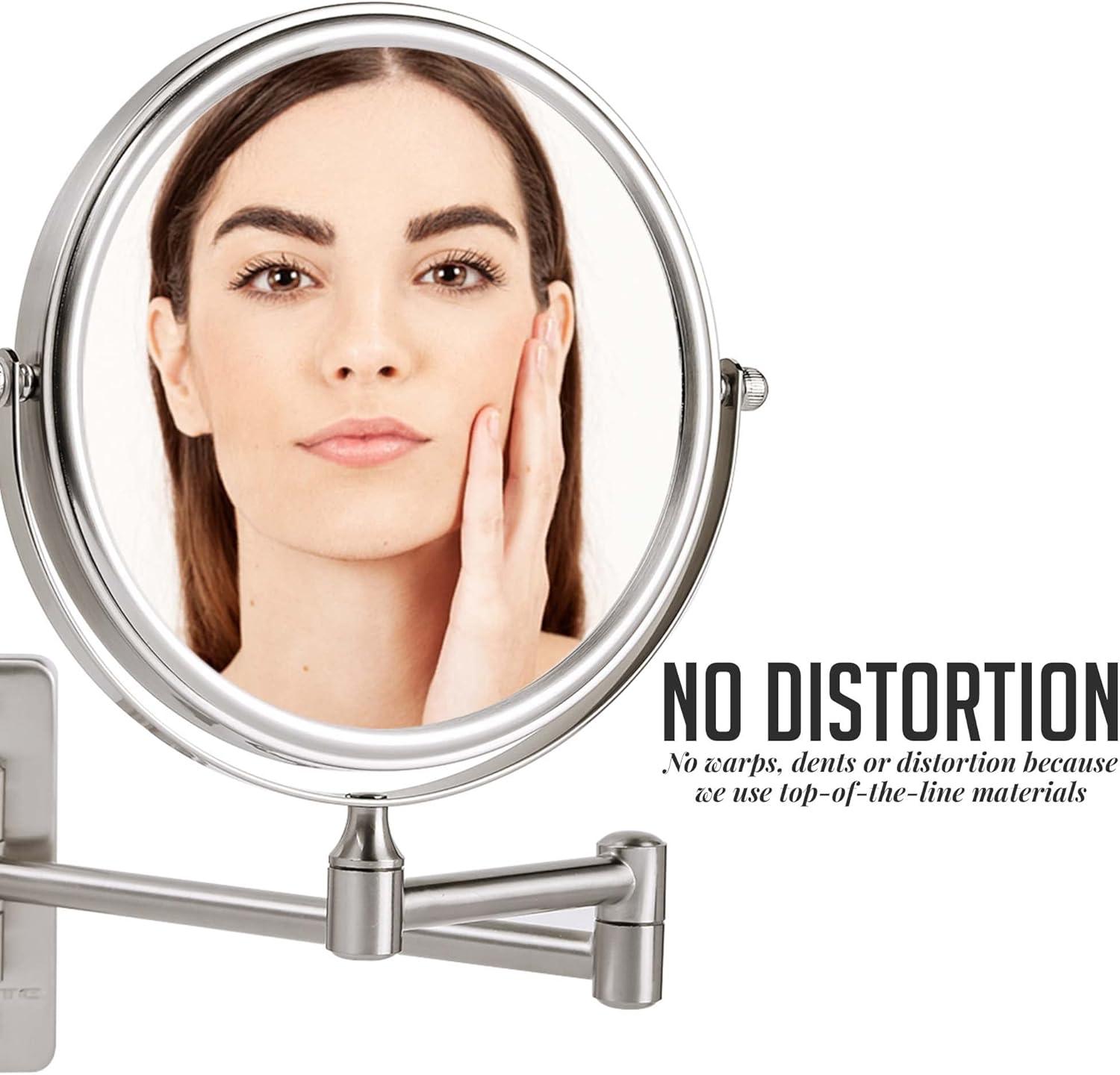 imageOVENTE 9 Wall Mounted Makeup Mirror with 1X7X Magnification Double Sided Magnifying Round Bathroom Vanity Mirror 360 Swivel Design Extendable and Folding Arm Polished Chrome MNLFW90CH1X7XNickel Brushed