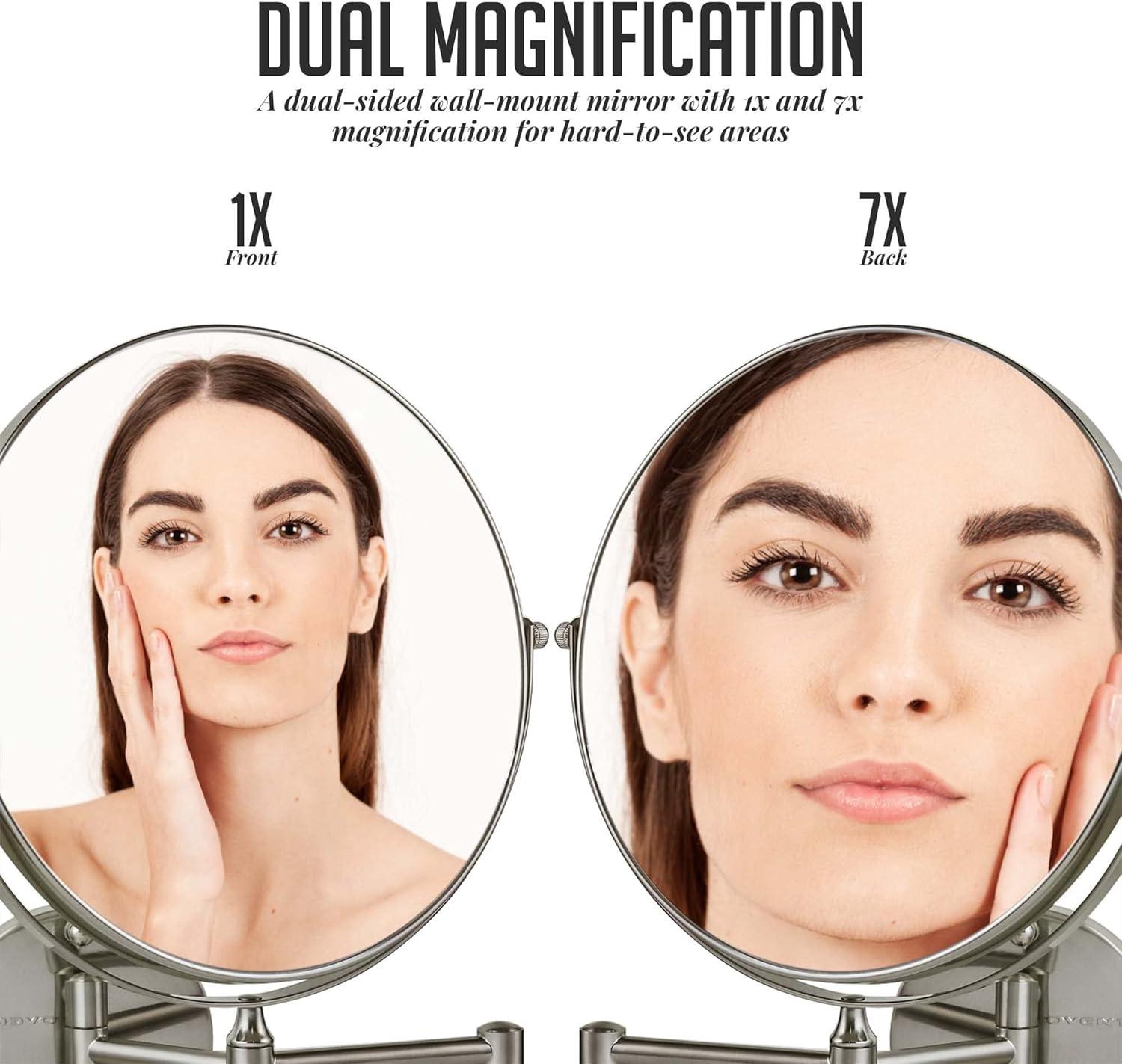 imageOVENTE 9 Wall Mounted Makeup Mirror with 1X7X Magnification Double Sided Magnifying Round Bathroom Vanity Mirror 360 Swivel Design Extendable and Folding Arm Polished Chrome MNLFW90CH1X7XNickel Brushed