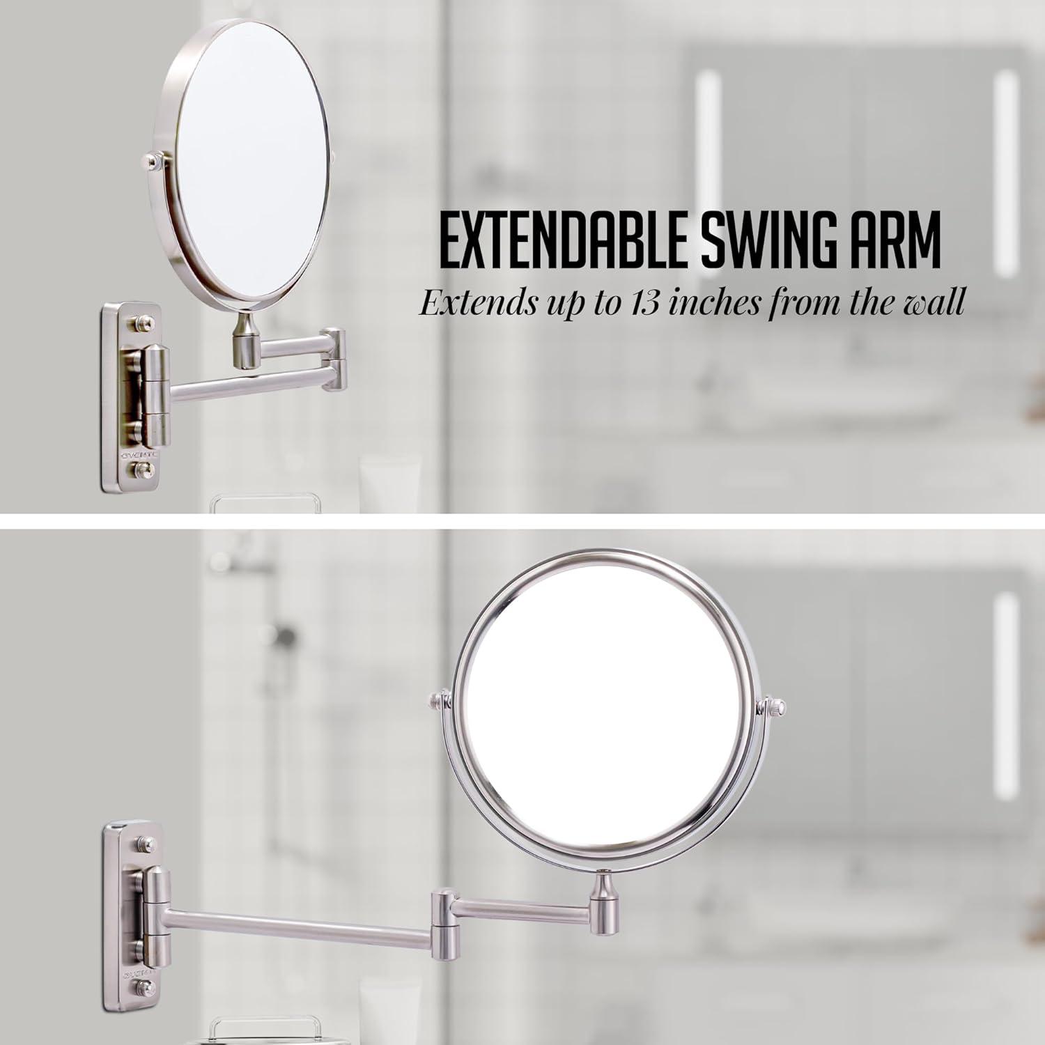 imageOVENTE 9 Wall Mounted Makeup Mirror with 1X7X Magnification Double Sided Magnifying Round Bathroom Vanity Mirror 360 Swivel Design Extendable and Folding Arm Polished Chrome MNLFW90CH1X7XNickel Brushed