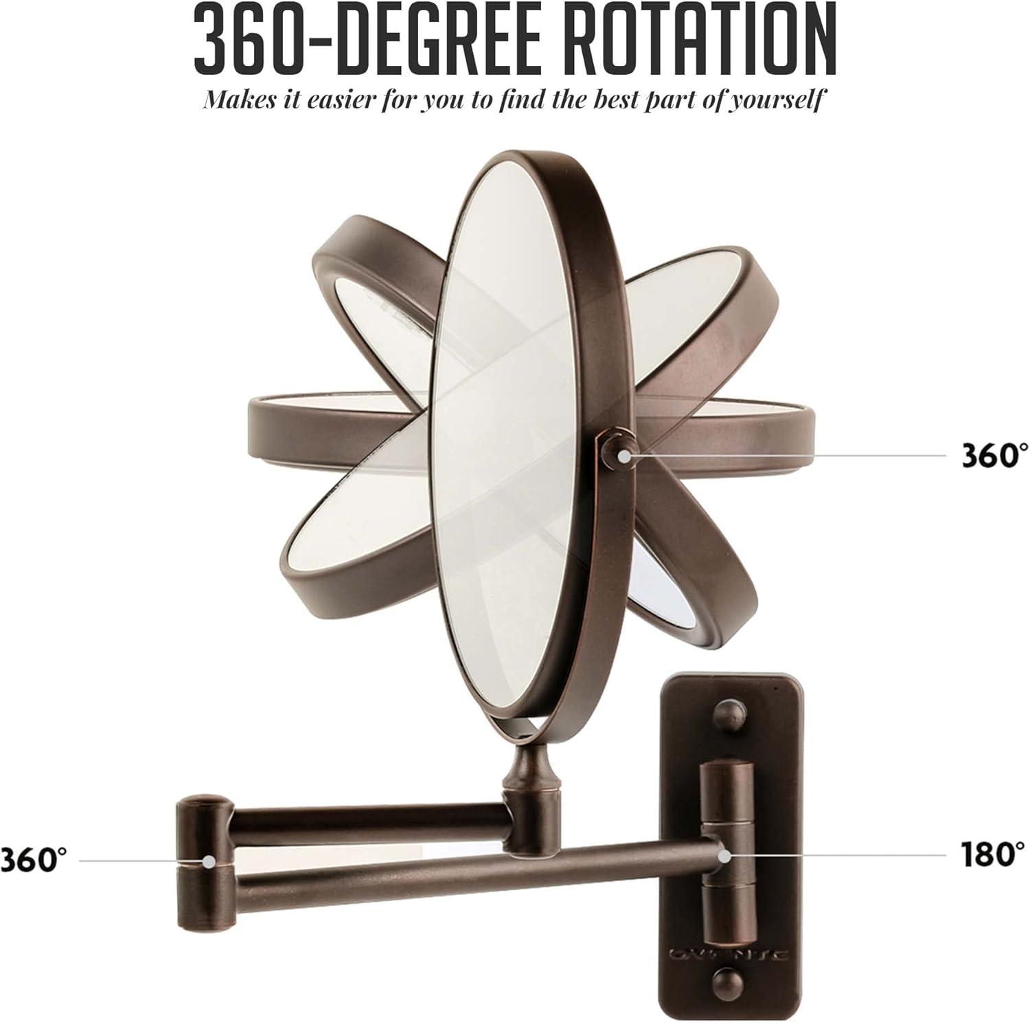 imageOVENTE 9 Wall Mounted Makeup Mirror with 1X7X Magnification Double Sided Magnifying Round Bathroom Vanity Mirror 360 Swivel Design Extendable and Folding Arm Polished Chrome MNLFW90CH1X7XAntique Bronze