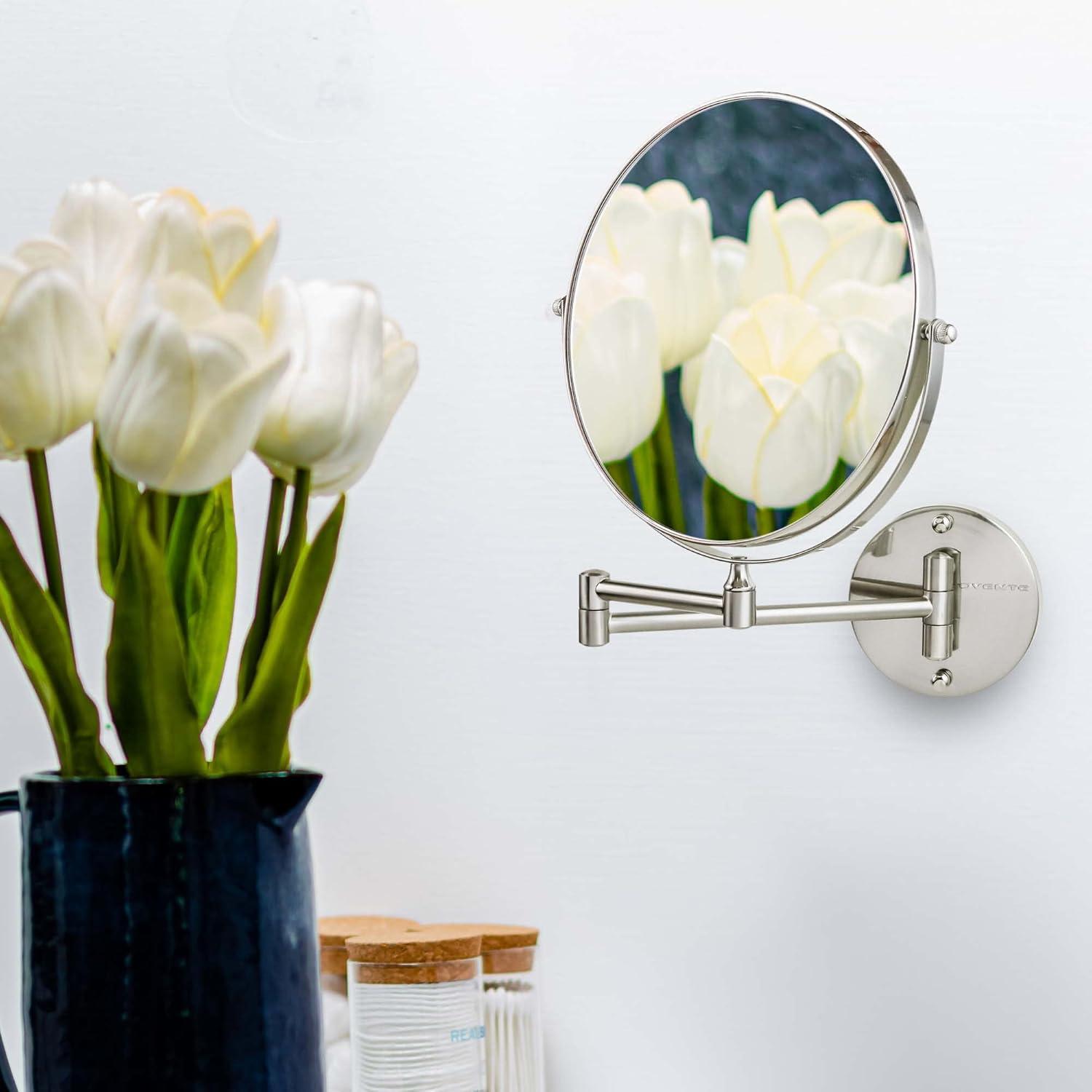 imageOVENTE 9 Wall Mounted Makeup Mirror with 1X7X Magnification Double Sided Magnifying Round Bathroom Vanity Mirror 360 Swivel Design Extendable and Folding Arm Polished Chrome MNLFW90CH1X7XNickel Brushed