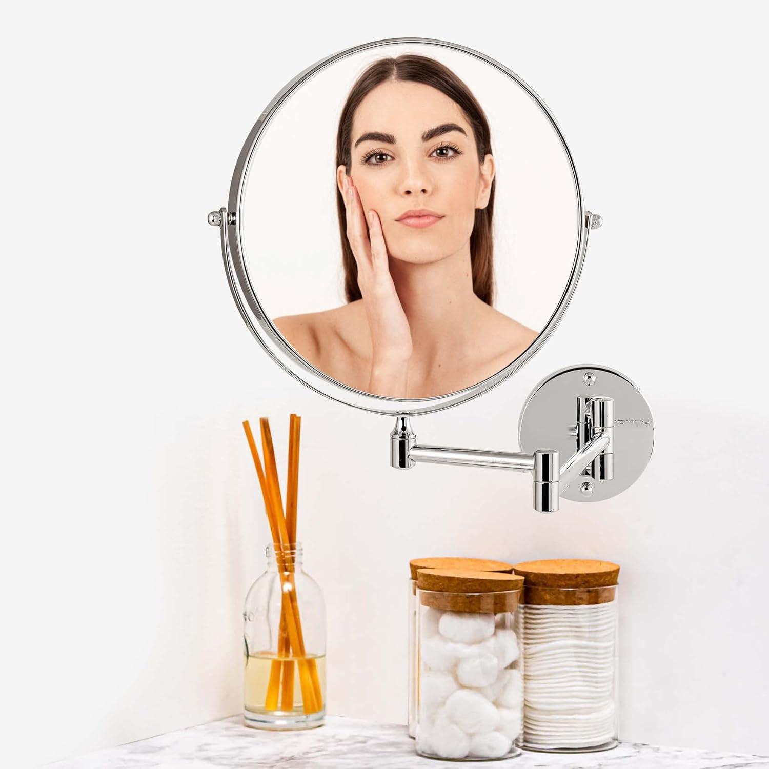 imageOVENTE 9 Wall Mounted Makeup Mirror with 1X7X Magnification Double Sided Magnifying Round Bathroom Vanity Mirror 360 Swivel Design Extendable and Folding Arm Polished Chrome MNLFW90CH1X7XPolished Chrome