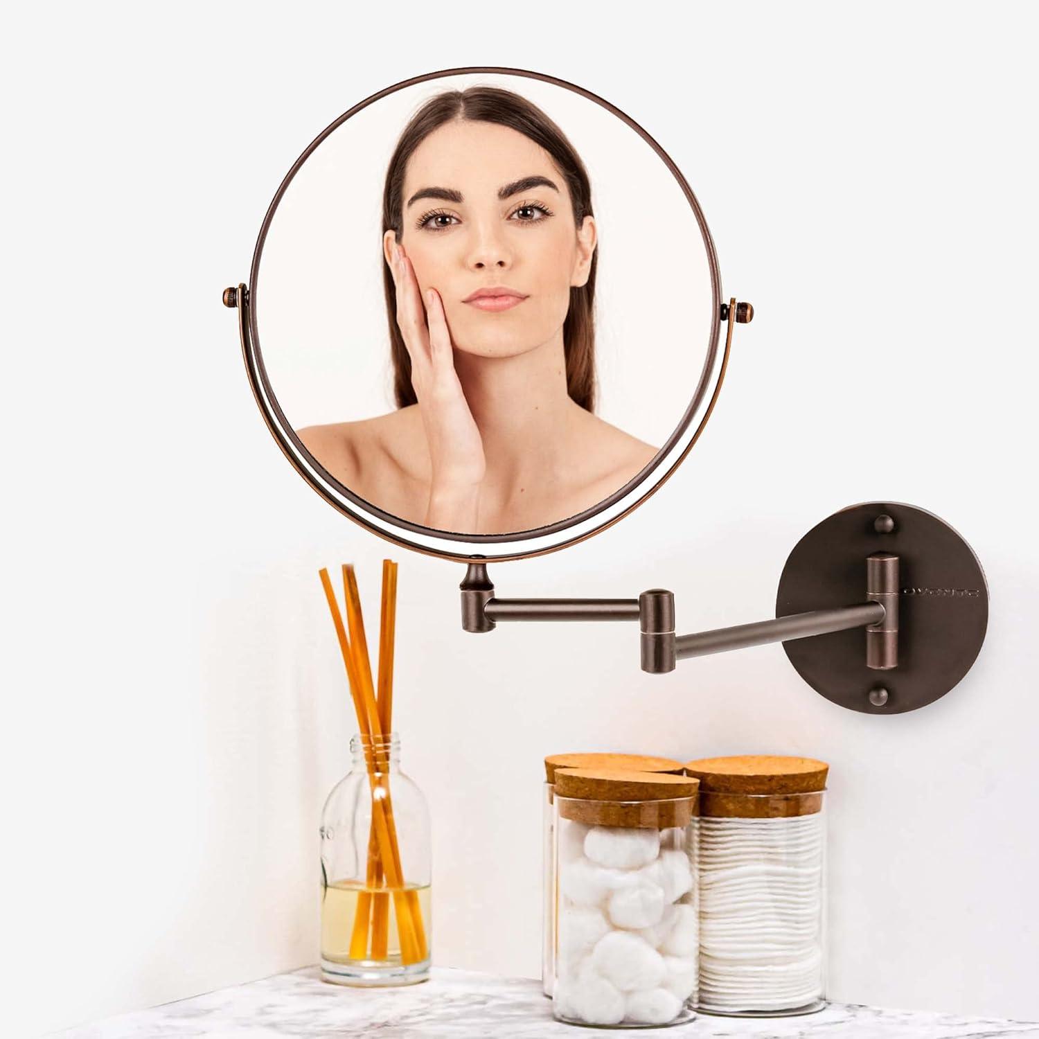 imageOVENTE 9 Wall Mounted Makeup Mirror with 1X7X Magnification Double Sided Magnifying Round Bathroom Vanity Mirror 360 Swivel Design Extendable and Folding Arm Polished Chrome MNLFW90CH1X7XAntique Bronze