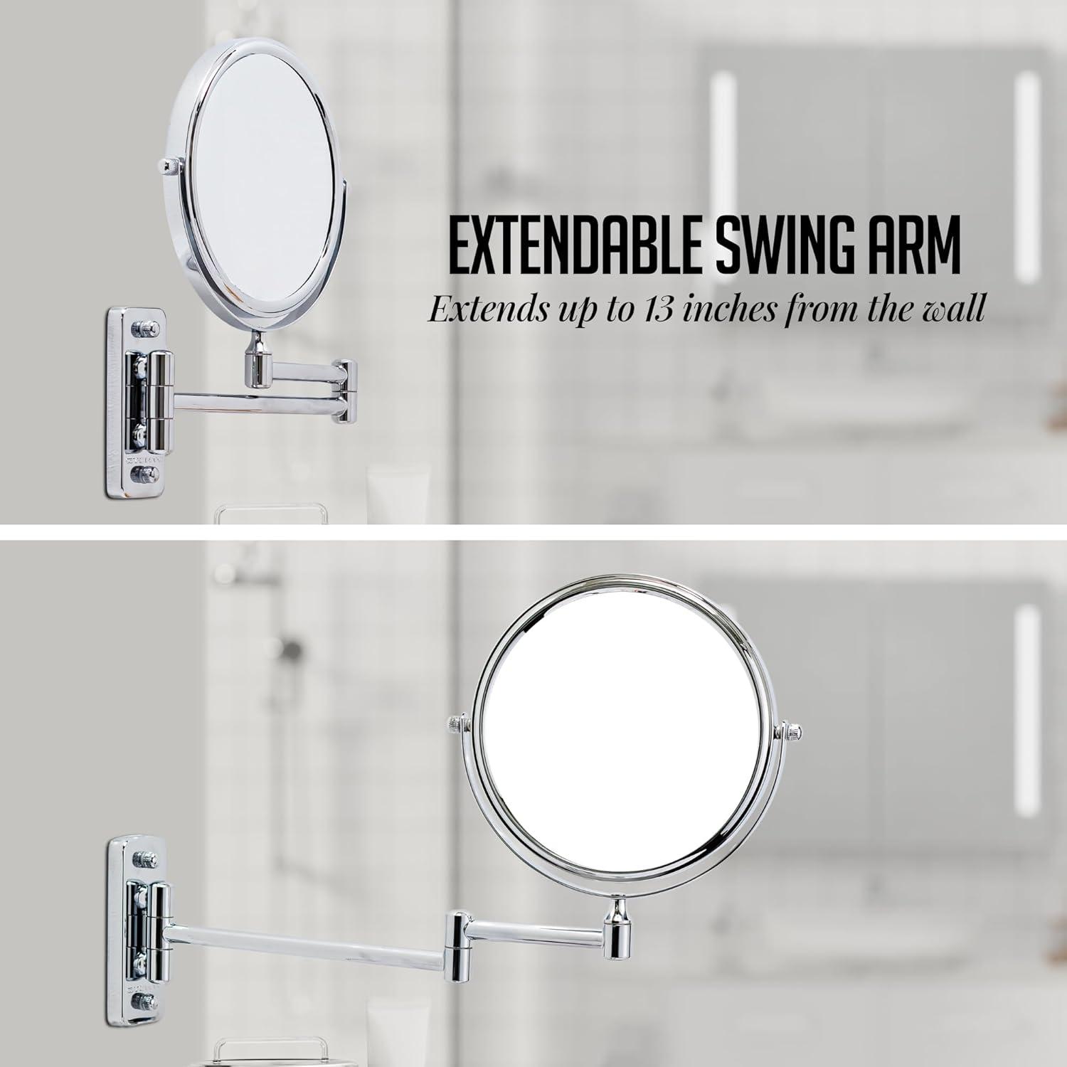 imageOVENTE 9 Wall Mounted Makeup Mirror with 1X7X Magnification Double Sided Magnifying Round Bathroom Vanity Mirror 360 Swivel Design Extendable and Folding Arm Polished Chrome MNLFW90CH1X7XPolished Chrome