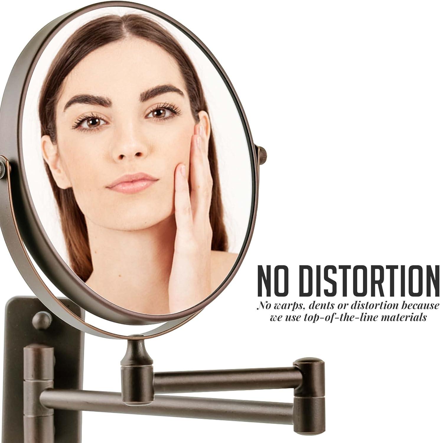 imageOVENTE 9 Wall Mounted Makeup Mirror with 1X7X Magnification Double Sided Magnifying Round Bathroom Vanity Mirror 360 Swivel Design Extendable and Folding Arm Polished Chrome MNLFW90CH1X7XAntique Bronze