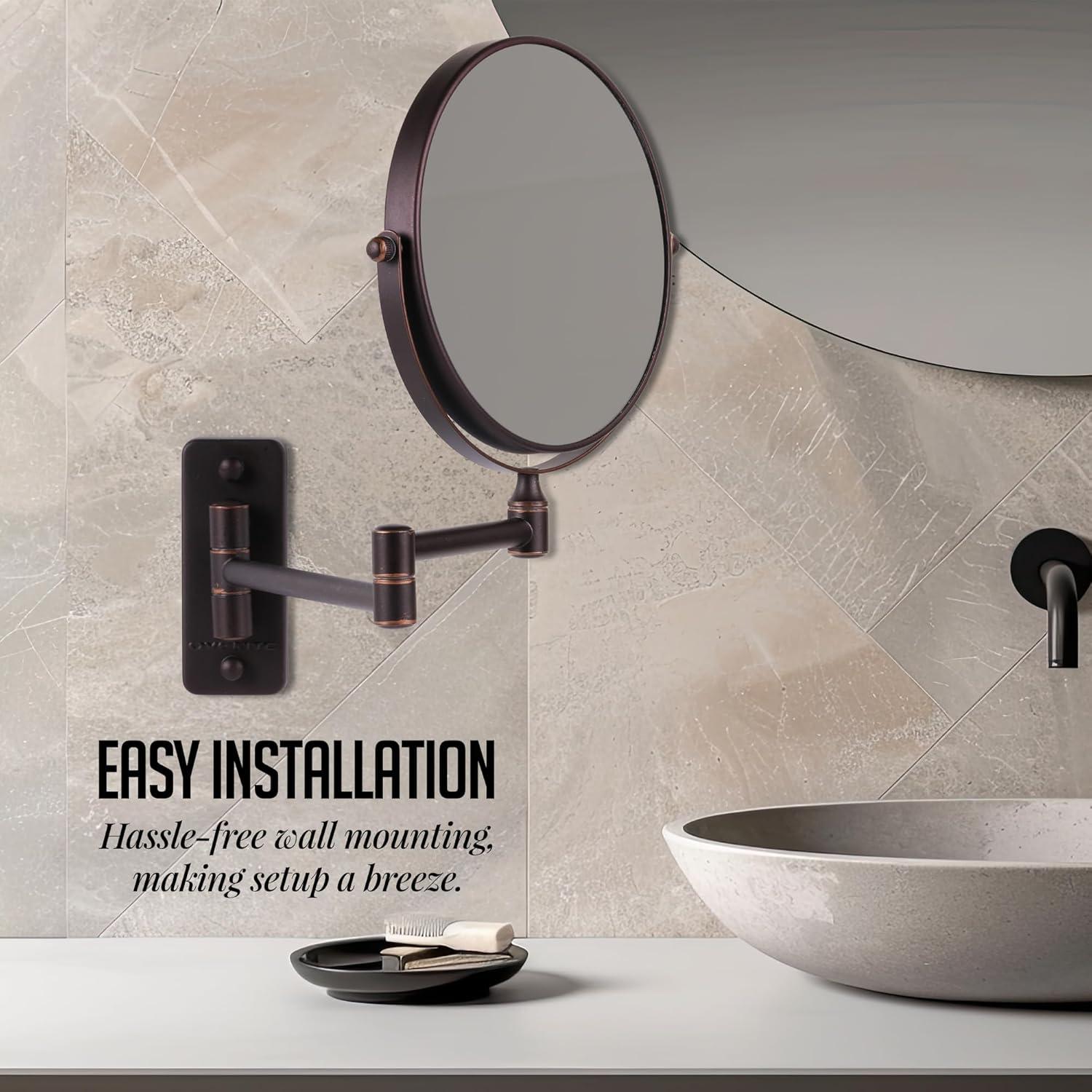 imageOVENTE 9 Wall Mounted Makeup Mirror with 1X7X Magnification Double Sided Magnifying Round Bathroom Vanity Mirror 360 Swivel Design Extendable and Folding Arm Polished Chrome MNLFW90CH1X7XAntique Bronze