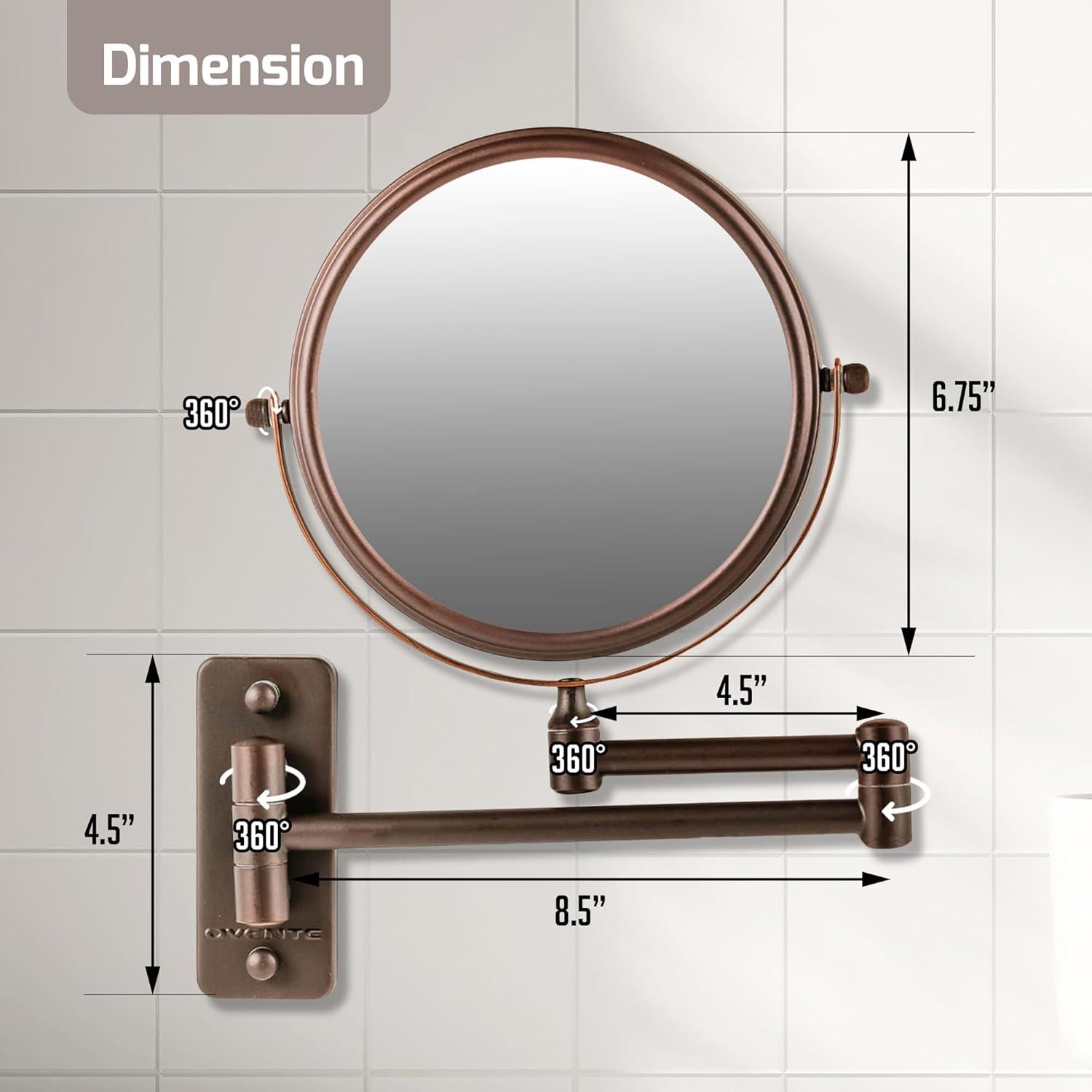 imageOVENTE 9 Wall Mounted Makeup Mirror with 1X7X Magnification Double Sided Magnifying Round Bathroom Vanity Mirror 360 Swivel Design Extendable and Folding Arm Polished Chrome MNLFW90CH1X7XAntique Bronze