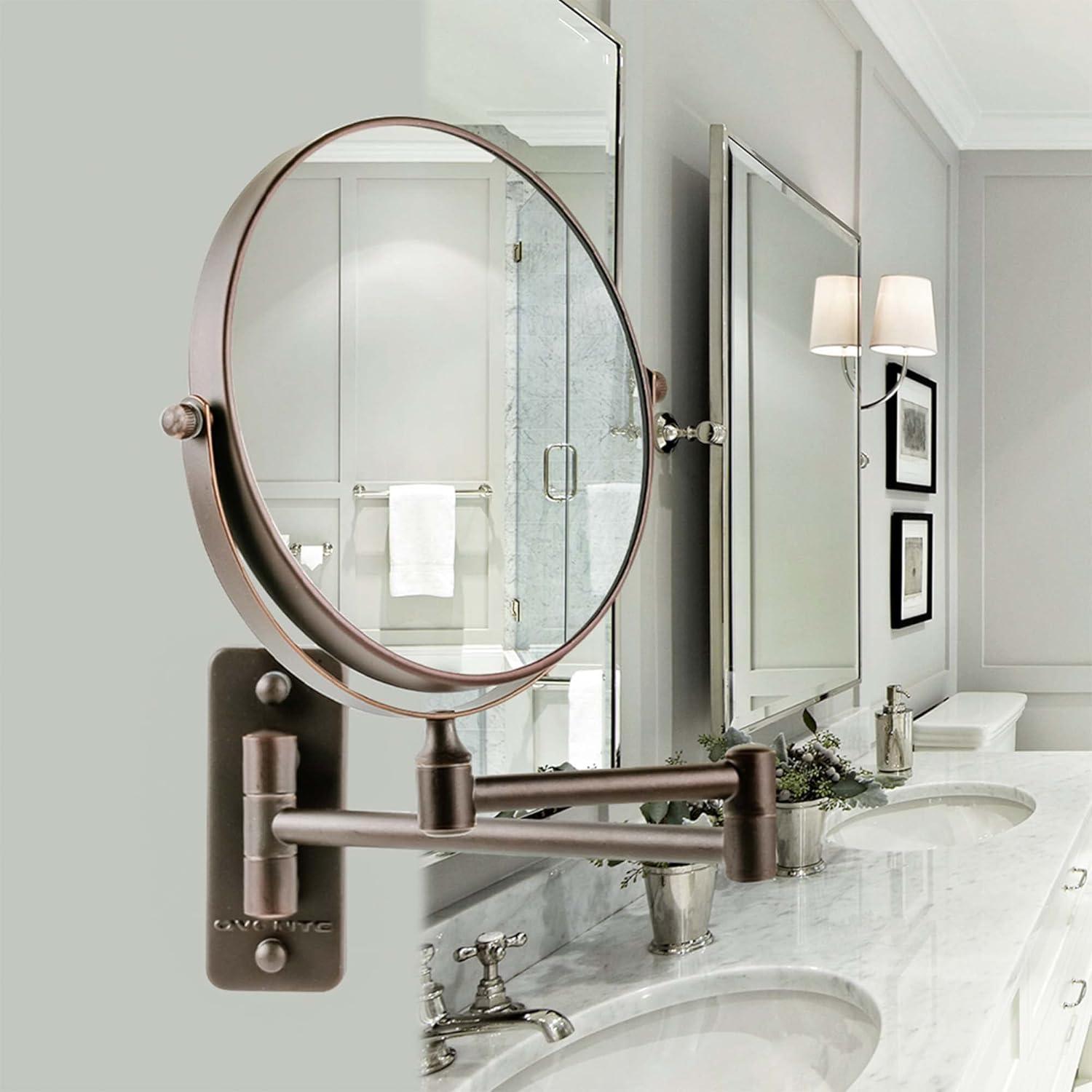 imageOVENTE 9 Wall Mounted Makeup Mirror with 1X7X Magnification Double Sided Magnifying Round Bathroom Vanity Mirror 360 Swivel Design Extendable and Folding Arm Polished Chrome MNLFW90CH1X7XAntique Bronze