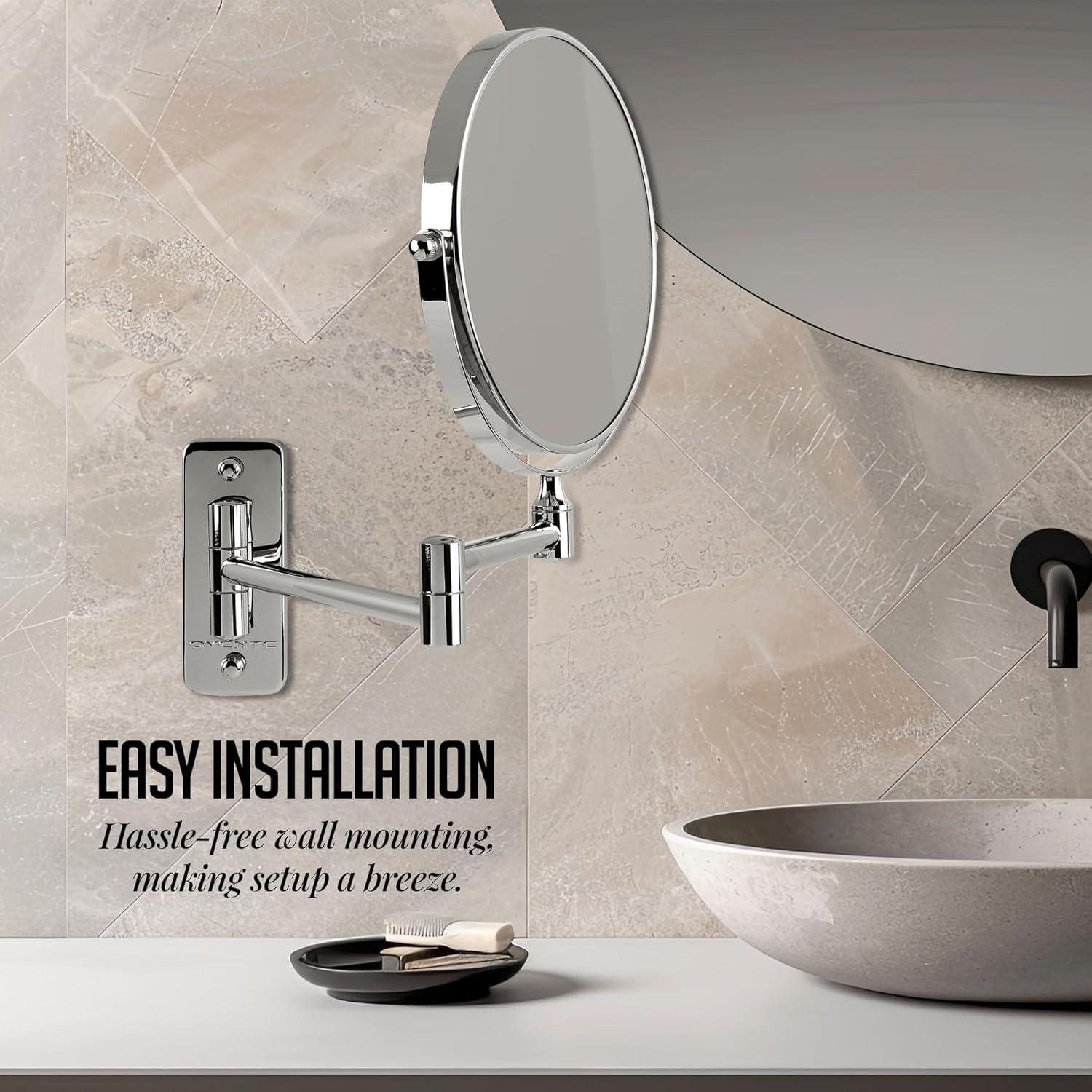 imageOVENTE 9 Wall Mounted Makeup Mirror with 1X7X Magnification Double Sided Magnifying Round Bathroom Vanity Mirror 360 Swivel Design Extendable and Folding Arm Polished Chrome MNLFW90CH1X7XPolished Chrome