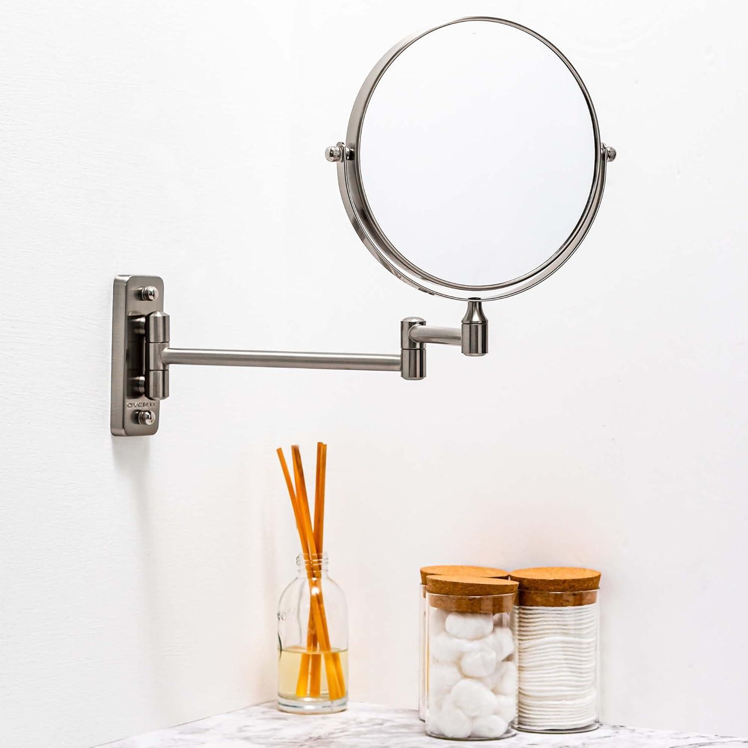 imageOVENTE 9 Wall Mounted Makeup Mirror with 1X7X Magnification Double Sided Magnifying Round Bathroom Vanity Mirror 360 Swivel Design Extendable and Folding Arm Polished Chrome MNLFW90CH1X7XNickel Brushed