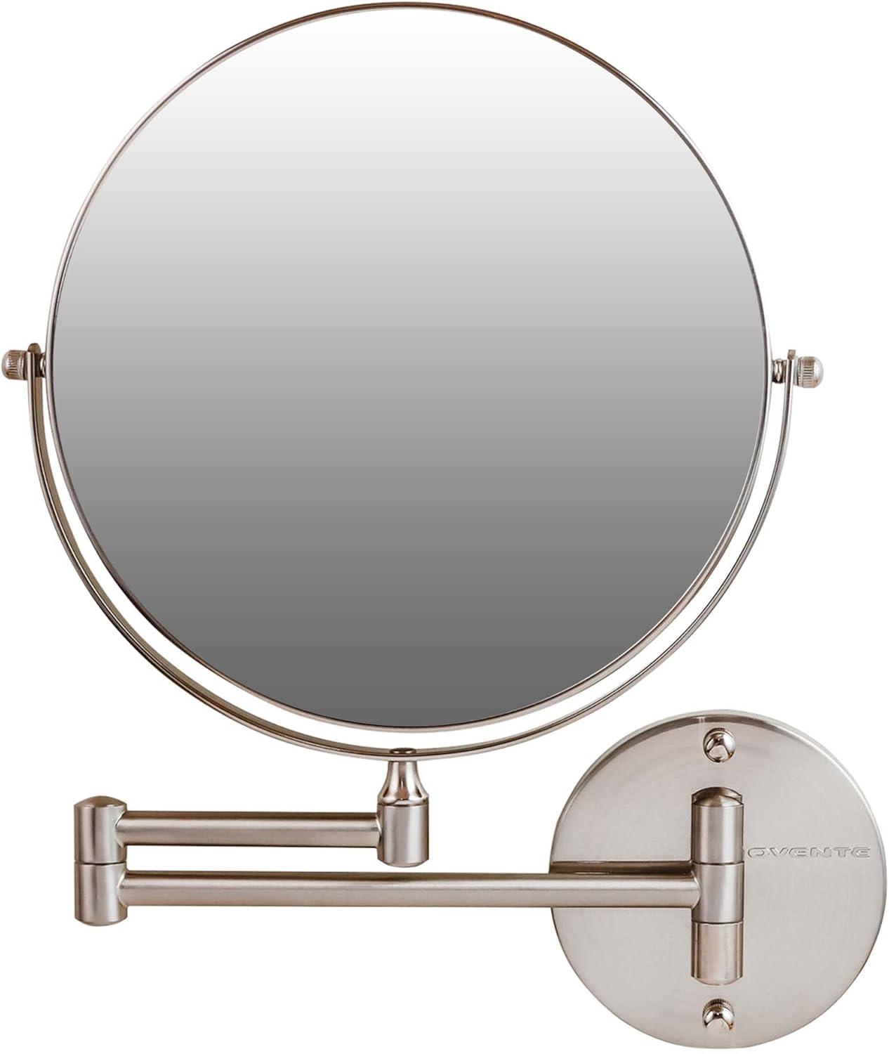 imageOVENTE 9 Wall Mounted Makeup Mirror with 1X7X Magnification Double Sided Magnifying Round Bathroom Vanity Mirror 360 Swivel Design Extendable and Folding Arm Polished Chrome MNLFW90CH1X7XNickel Brushed