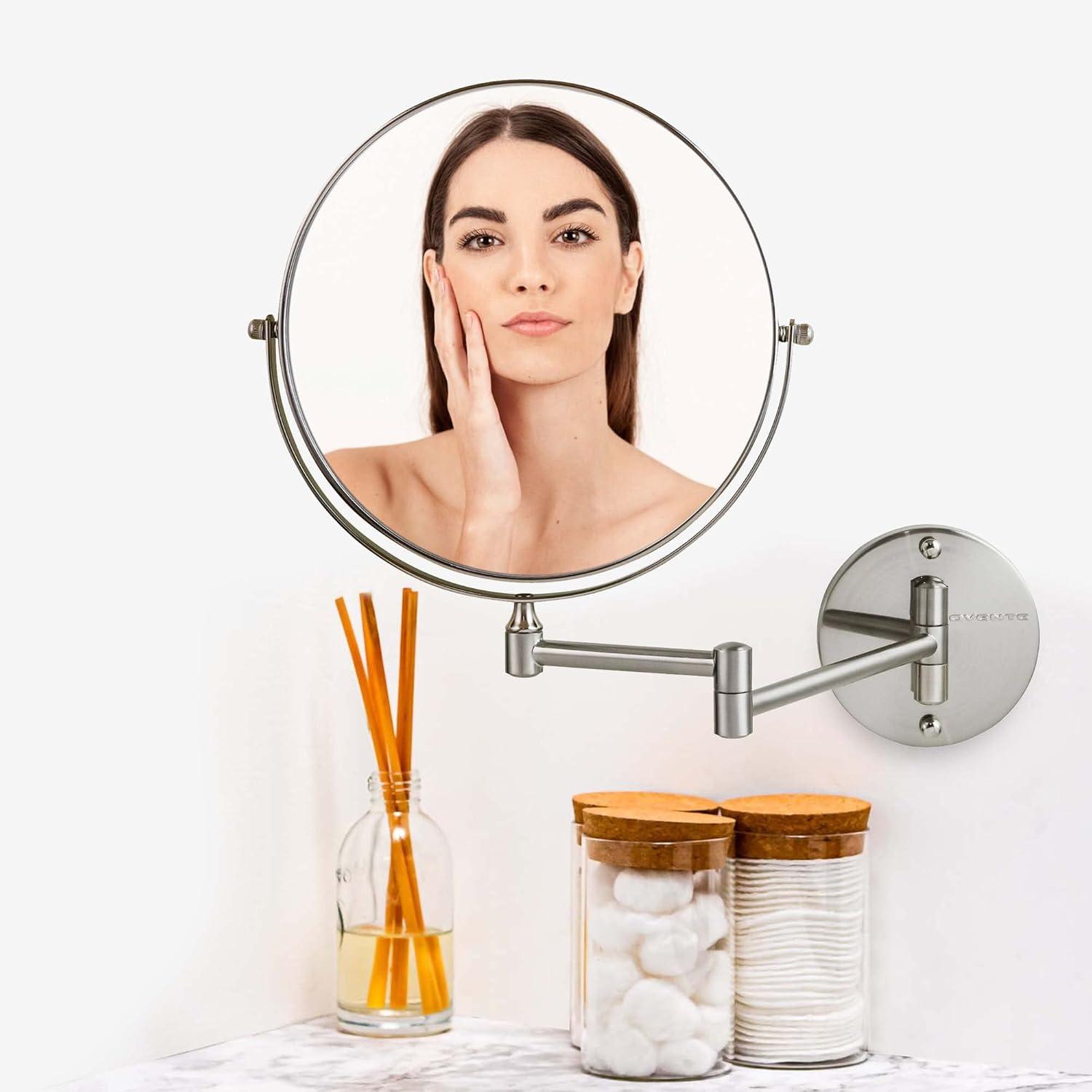imageOVENTE 9 Wall Mounted Makeup Mirror with 1X7X Magnification Double Sided Magnifying Round Bathroom Vanity Mirror 360 Swivel Design Extendable and Folding Arm Polished Chrome MNLFW90CH1X7XNickel Brushed