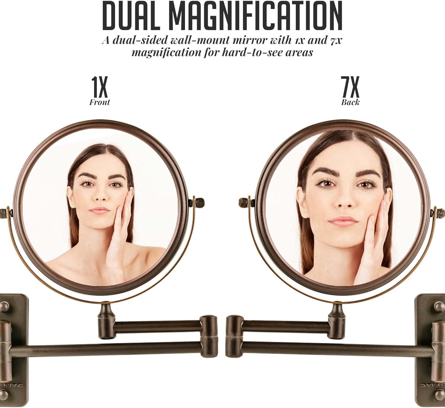 imageOVENTE 9 Wall Mounted Makeup Mirror with 1X7X Magnification Double Sided Magnifying Round Bathroom Vanity Mirror 360 Swivel Design Extendable and Folding Arm Polished Chrome MNLFW90CH1X7XAntique Bronze