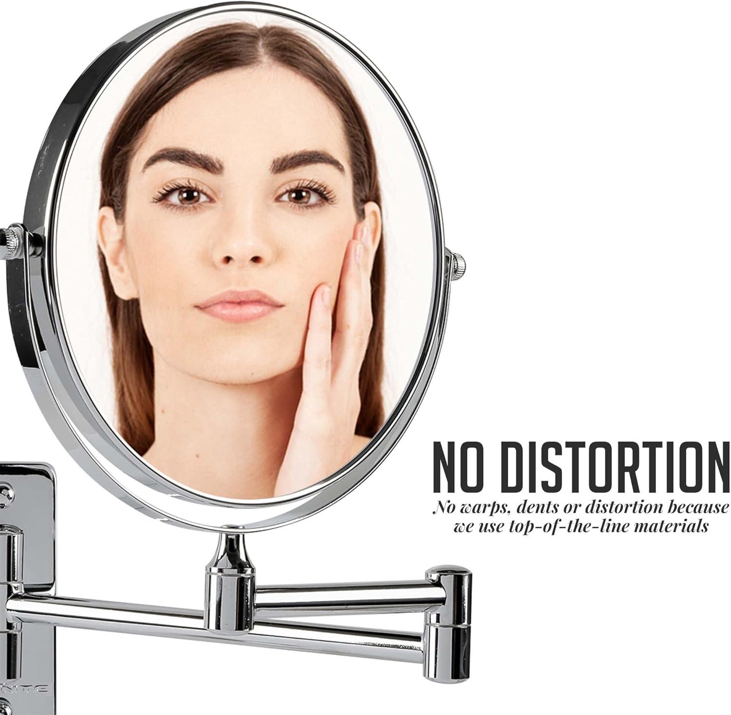 imageOVENTE 9 Wall Mounted Makeup Mirror with 1X7X Magnification Double Sided Magnifying Round Bathroom Vanity Mirror 360 Swivel Design Extendable and Folding Arm Polished Chrome MNLFW90CH1X7XPolished Chrome