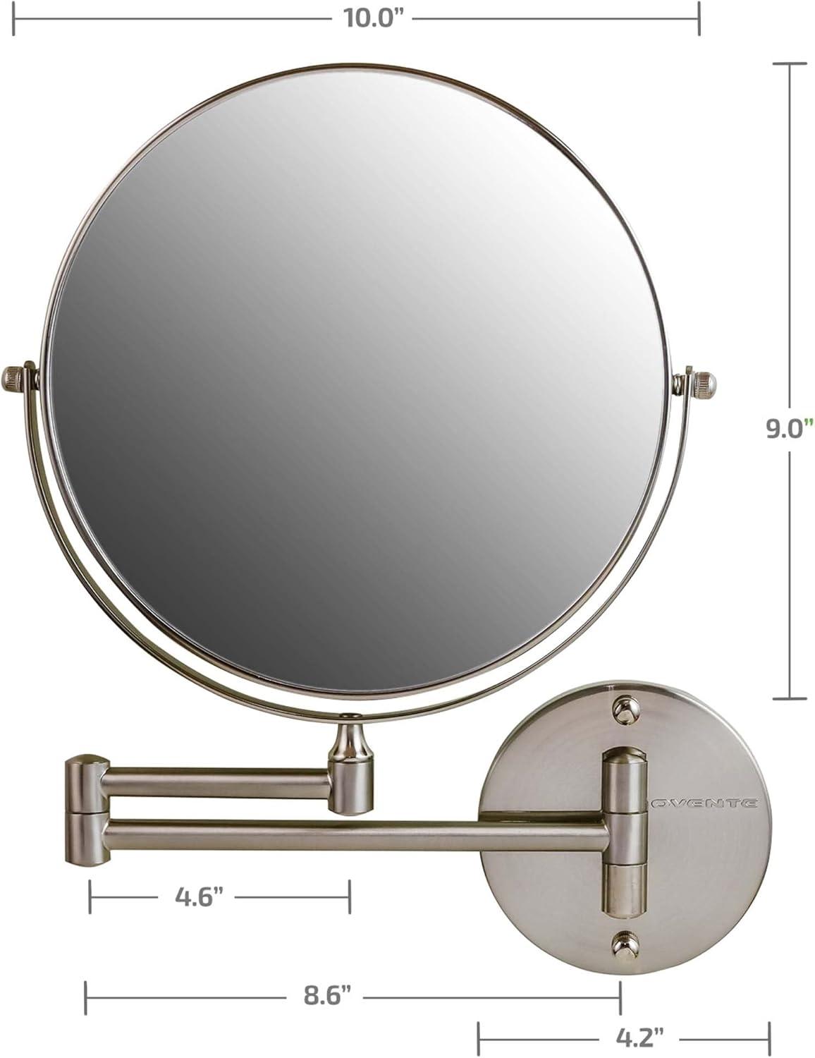 imageOVENTE 9 Wall Mounted Makeup Mirror with 1X7X Magnification Double Sided Magnifying Round Bathroom Vanity Mirror 360 Swivel Design Extendable and Folding Arm Polished Chrome MNLFW90CH1X7XNickel Brushed