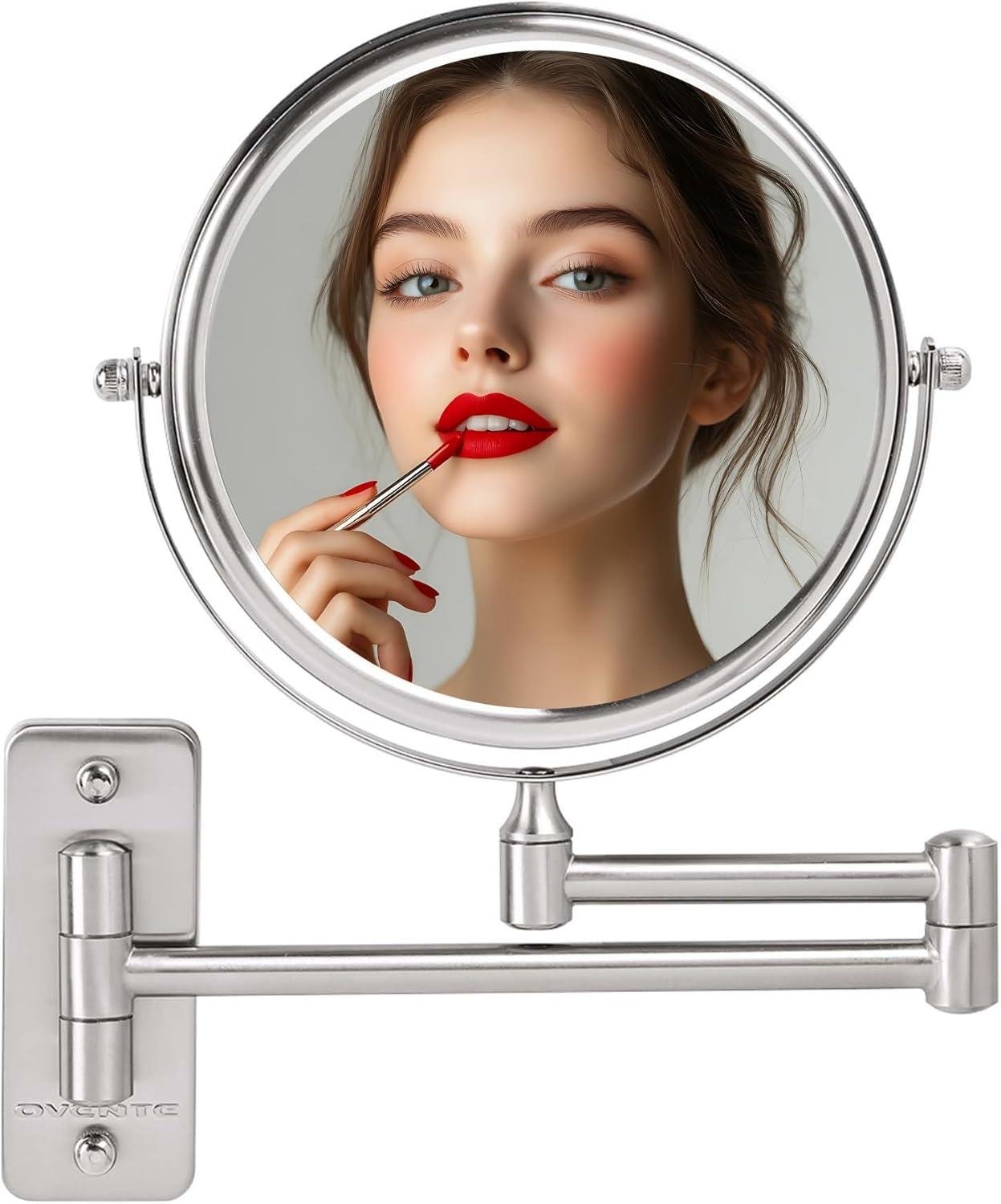 imageOVENTE 9 Wall Mounted Makeup Mirror with 1X7X Magnification Double Sided Magnifying Round Bathroom Vanity Mirror 360 Swivel Design Extendable and Folding Arm Polished Chrome MNLFW90CH1X7XNickel Brushed