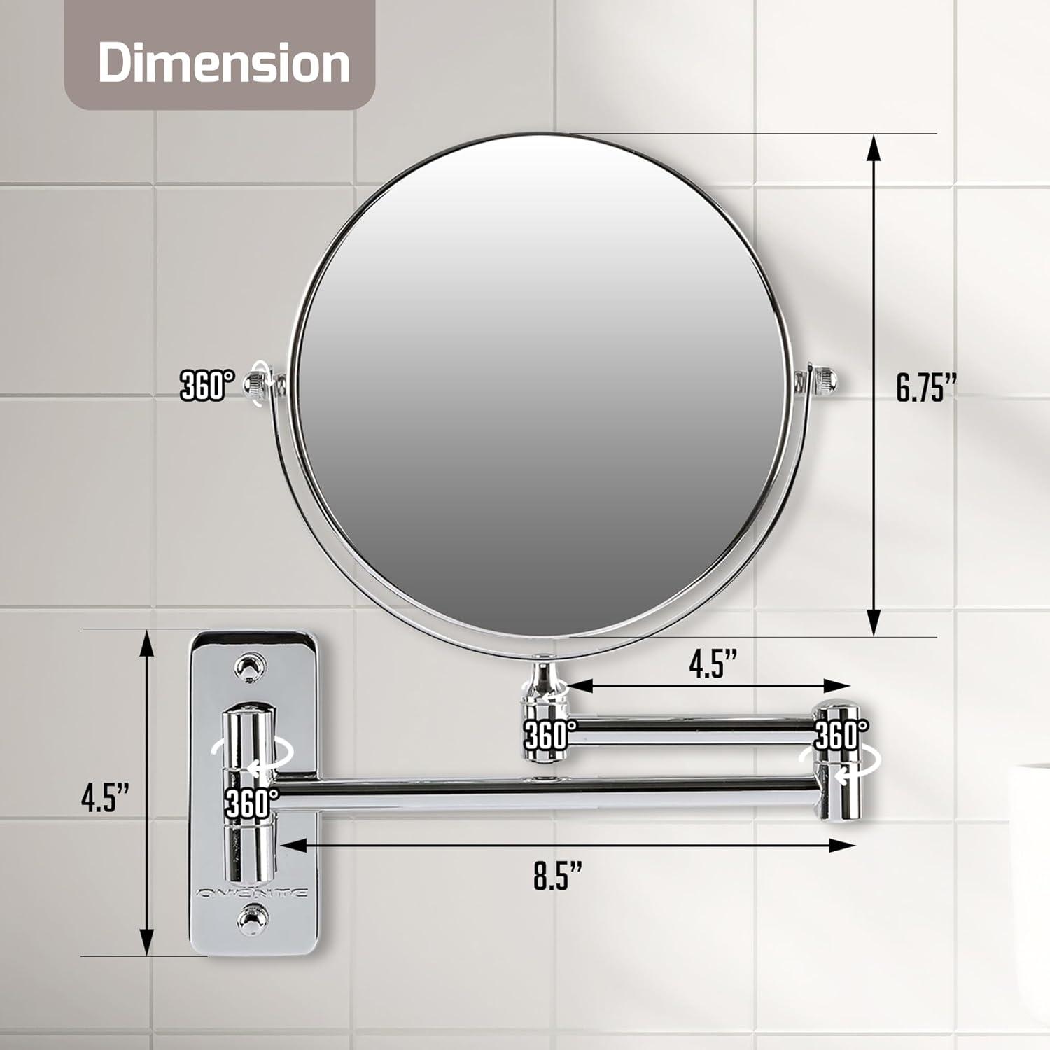 imageOVENTE 9 Wall Mounted Makeup Mirror with 1X7X Magnification Double Sided Magnifying Round Bathroom Vanity Mirror 360 Swivel Design Extendable and Folding Arm Polished Chrome MNLFW90CH1X7XPolished Chrome