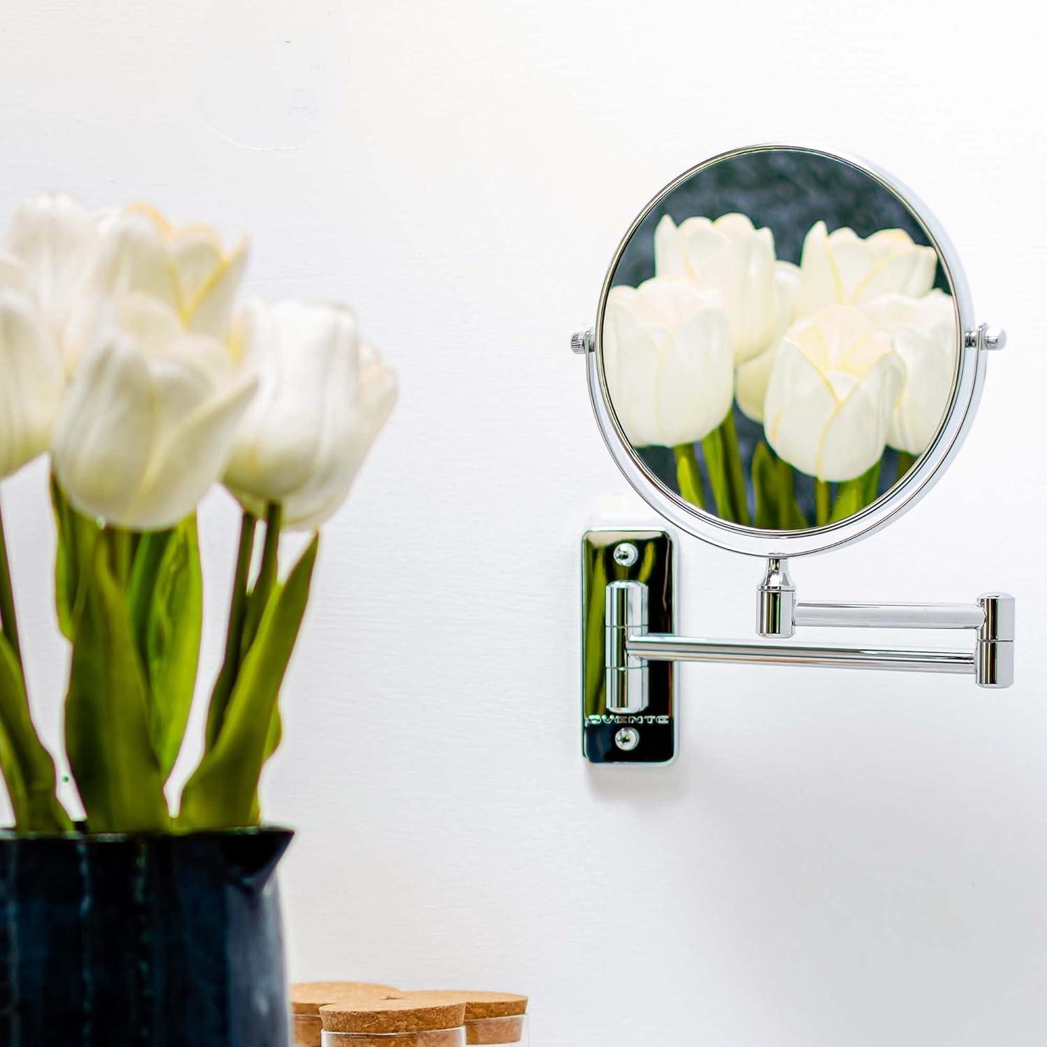 imageOVENTE 9 Wall Mounted Makeup Mirror with 1X7X Magnification Double Sided Magnifying Round Bathroom Vanity Mirror 360 Swivel Design Extendable and Folding Arm Polished Chrome MNLFW90CH1X7XPolished Chrome