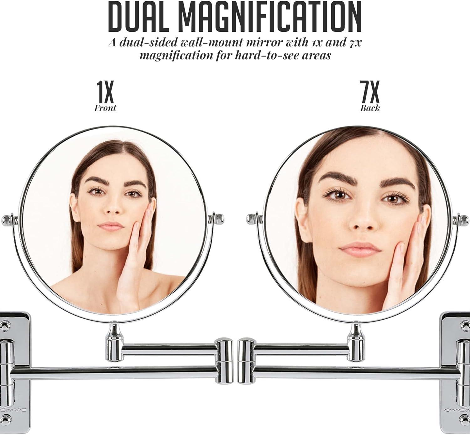 imageOVENTE 9 Wall Mounted Makeup Mirror with 1X7X Magnification Double Sided Magnifying Round Bathroom Vanity Mirror 360 Swivel Design Extendable and Folding Arm Polished Chrome MNLFW90CH1X7XPolished Chrome