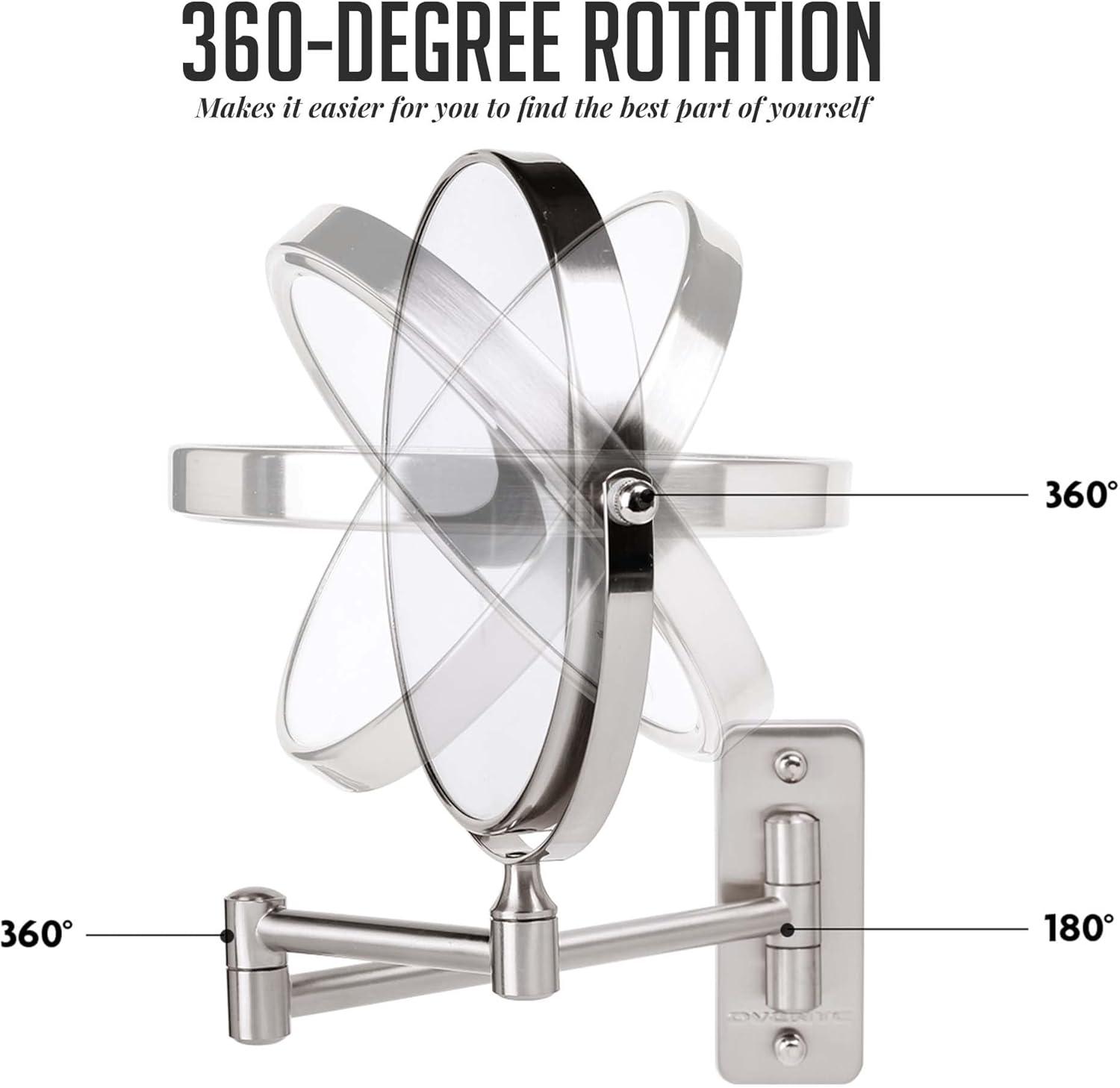 imageOVENTE 9 Wall Mounted Makeup Mirror with 1X7X Magnification Double Sided Magnifying Round Bathroom Vanity Mirror 360 Swivel Design Extendable and Folding Arm Polished Chrome MNLFW90CH1X7XNickel Brushed