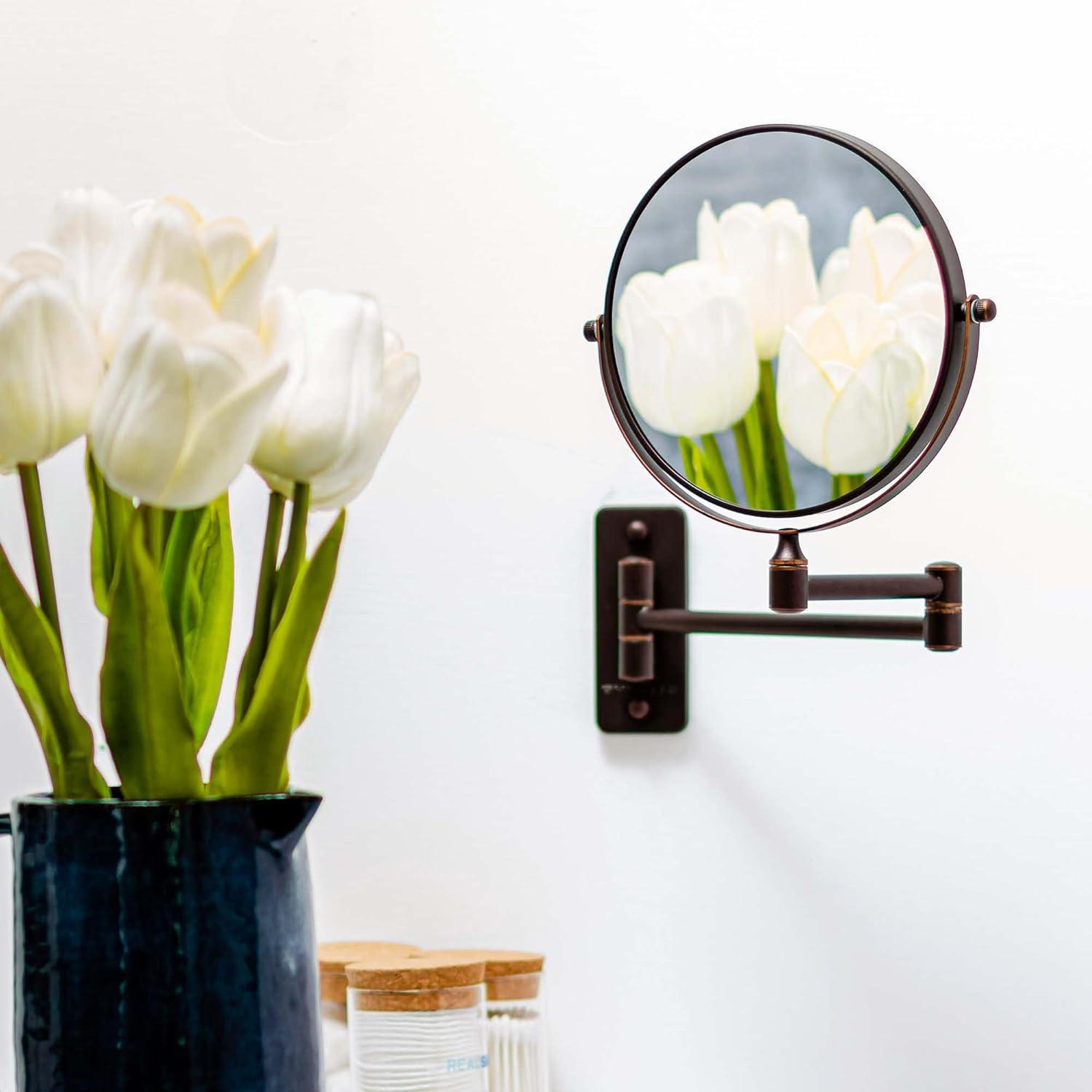 imageOVENTE 9 Wall Mounted Makeup Mirror with 1X7X Magnification Double Sided Magnifying Round Bathroom Vanity Mirror 360 Swivel Design Extendable and Folding Arm Polished Chrome MNLFW90CH1X7XAntique Bronze