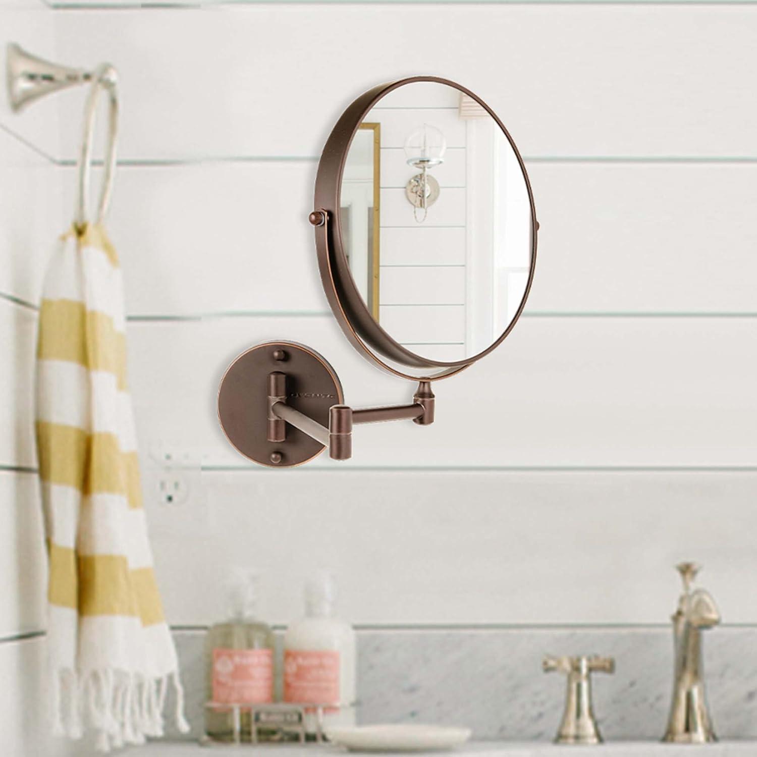 imageOVENTE 9 Wall Mounted Makeup Mirror with 1X7X Magnification Double Sided Magnifying Round Bathroom Vanity Mirror 360 Swivel Design Extendable and Folding Arm Polished Chrome MNLFW90CH1X7XAntique Bronze