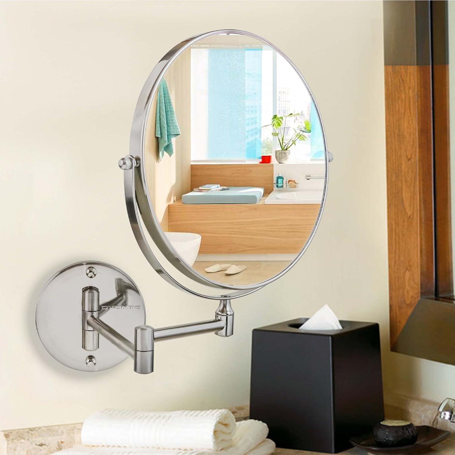 imageOVENTE 9 Wall Mounted Makeup Mirror with 1X7X Magnification Double Sided Magnifying Round Bathroom Vanity Mirror 360 Swivel Design Extendable and Folding Arm Polished Chrome MNLFW90CH1X7XNickel Brushed