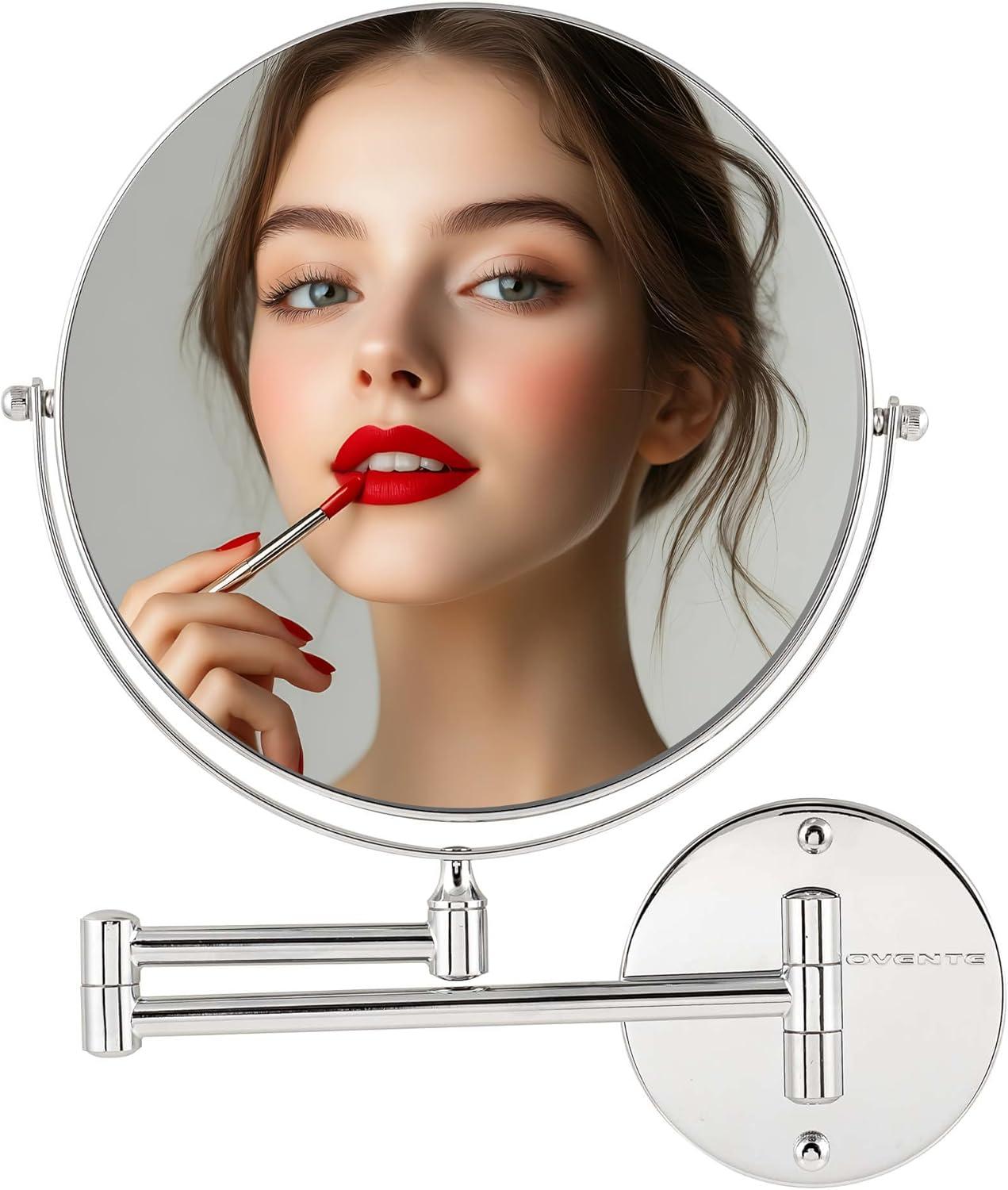 imageOVENTE 9 Wall Mounted Makeup Mirror with 1X7X Magnification Double Sided Magnifying Round Bathroom Vanity Mirror 360 Swivel Design Extendable and Folding Arm Polished Chrome MNLFW90CH1X7XPolished Chrome
