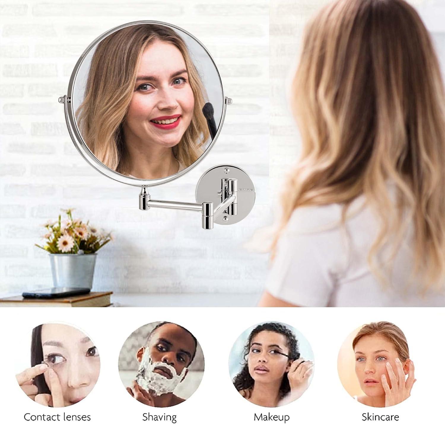 imageOVENTE 9 Wall Mounted Makeup Mirror with 1X7X Magnification Double Sided Magnifying Round Bathroom Vanity Mirror 360 Swivel Design Extendable and Folding Arm Polished Chrome MNLFW90CH1X7XPolished Chrome