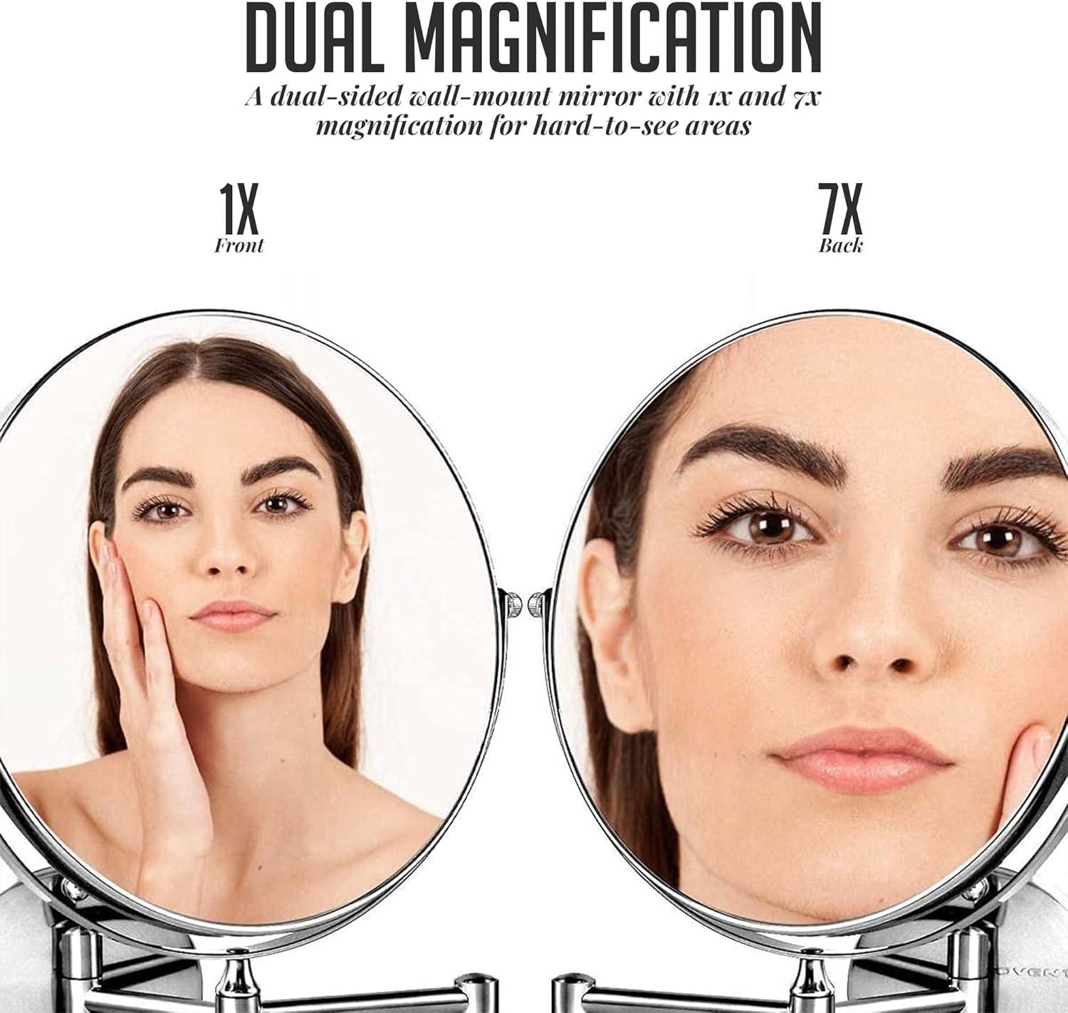 imageOVENTE 9 Wall Mounted Makeup Mirror with 1X7X Magnification Double Sided Magnifying Round Bathroom Vanity Mirror 360 Swivel Design Extendable and Folding Arm Polished Chrome MNLFW90CH1X7XPolished Chrome