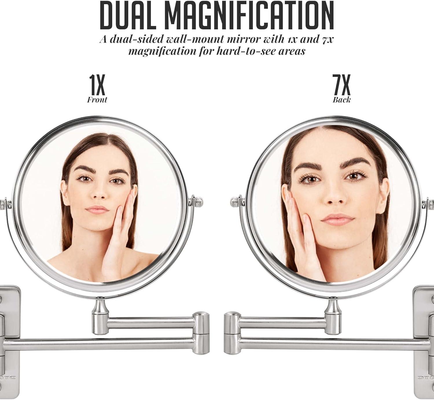 imageOVENTE 9 Wall Mounted Makeup Mirror with 1X7X Magnification Double Sided Magnifying Round Bathroom Vanity Mirror 360 Swivel Design Extendable and Folding Arm Polished Chrome MNLFW90CH1X7XNickel Brushed