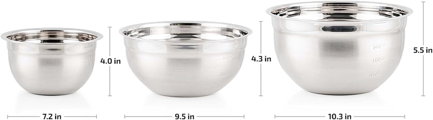 imageOVENTE Mixing Bowl Set with Lids 3Piece Stainless Steel Nesting Bowls for Easy Food Storage Stackable Design Kitchen Essential for Baking Cooking and Prepping Size 5 35 15QT Silver BM46333S5 35 and 15 Quarts